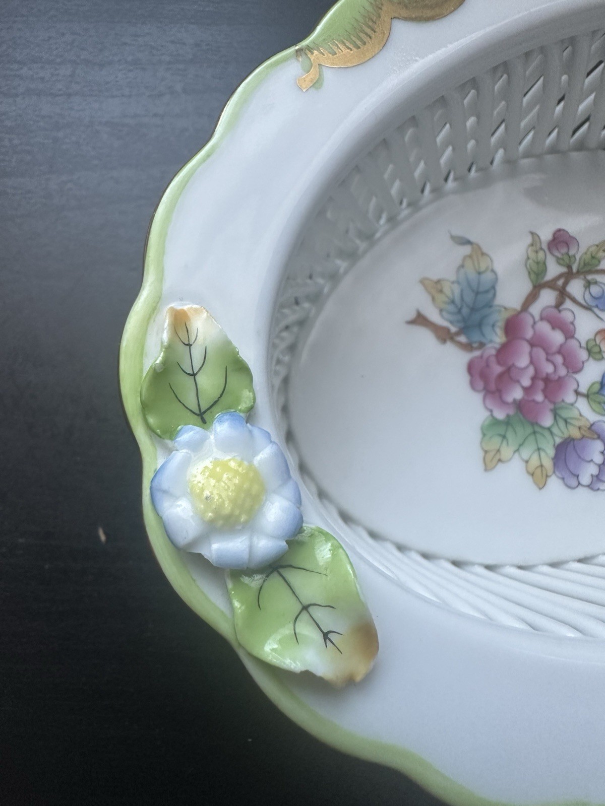 Herend Oval Open Weave Basket 5 1/2″ Porcelain Hungary 7379 *CHIP*
