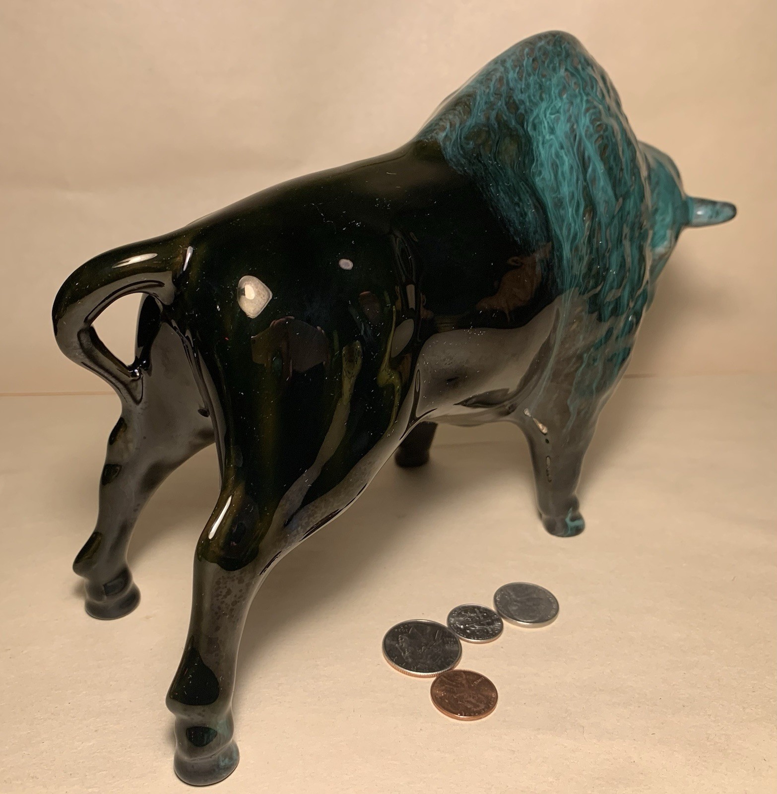 Blue Mountain Pottery Bison Buffalo BMP Canada Blue Green Drip Glaze Ceramic Art