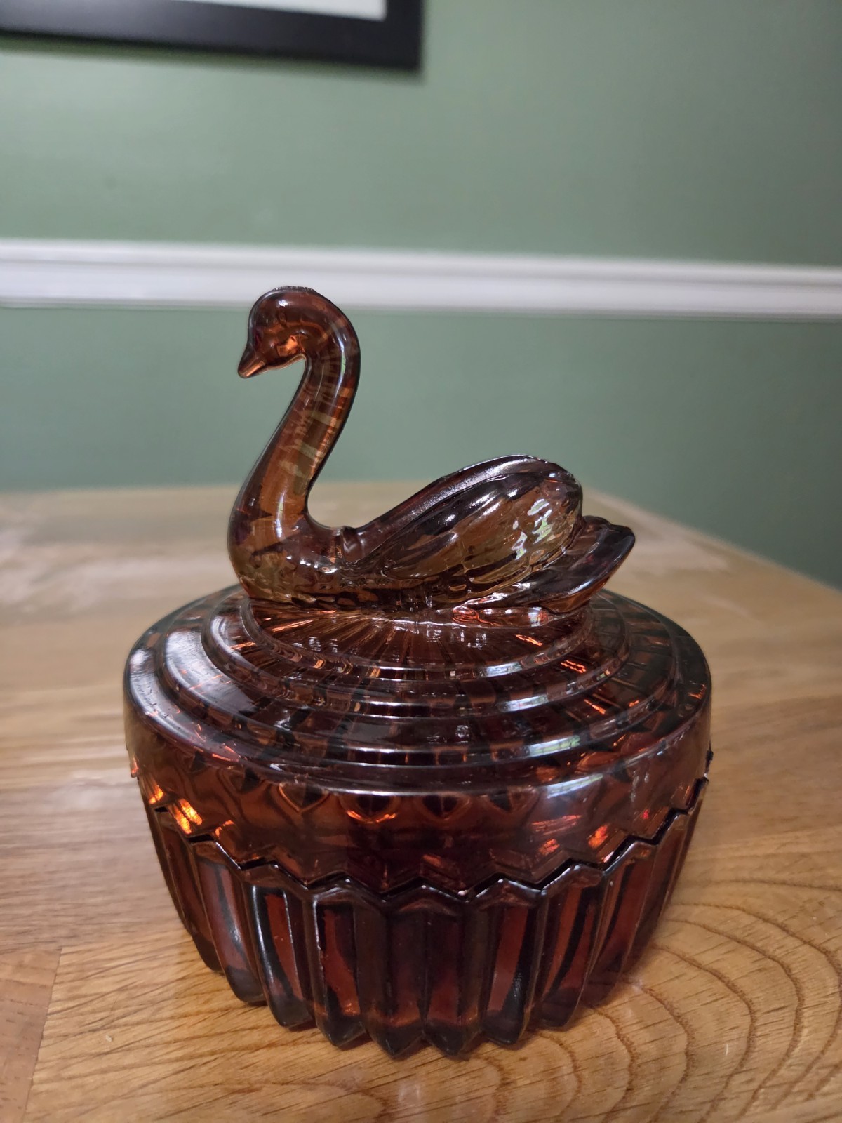 Vintage MCM Jeannette Brown Glass SWAN Candy Trinket Dish Powder Jar