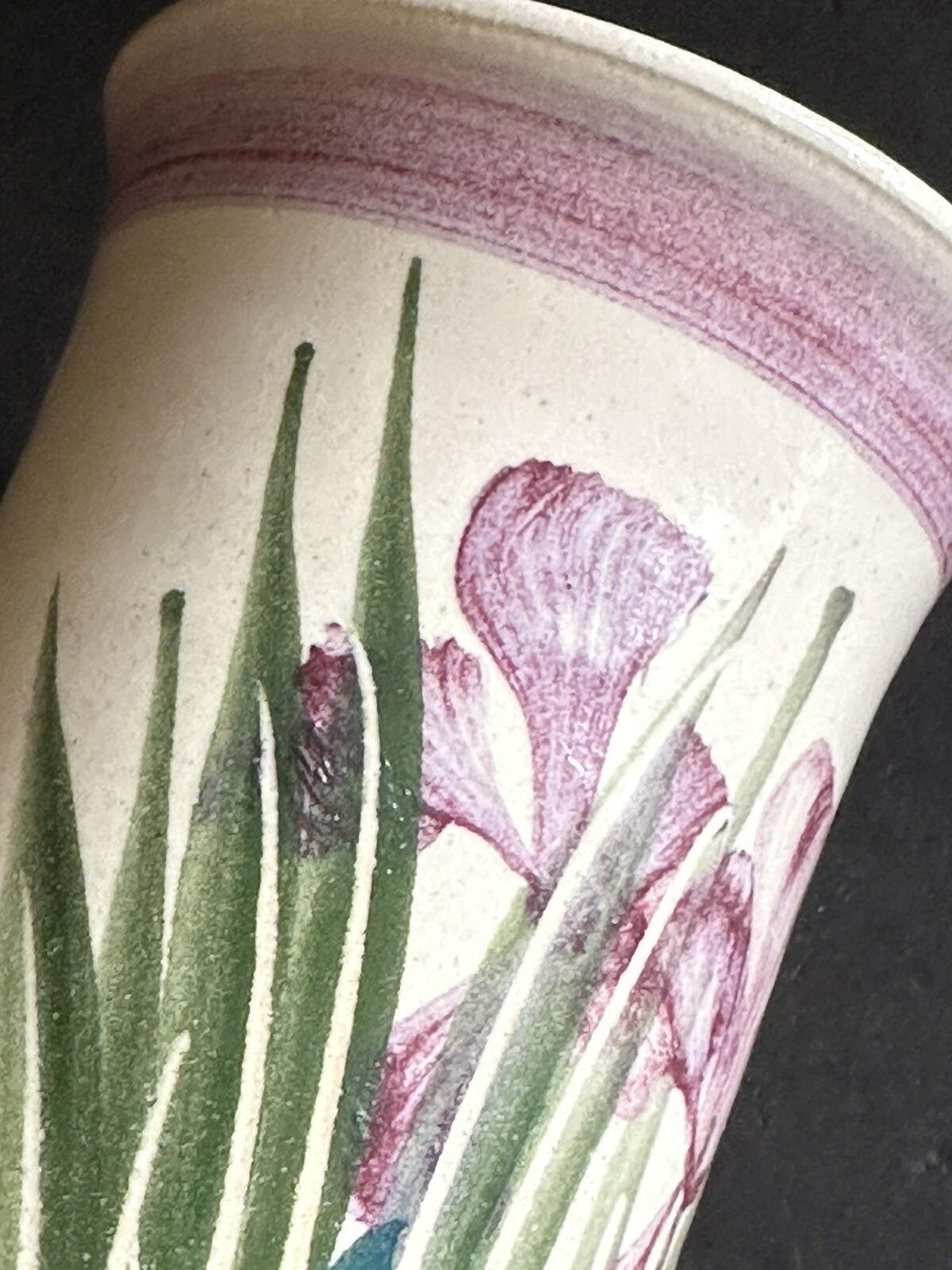Studio Art Hand Thrown Pottery Vase Iris Hand Painted Artist Signed 6” USA