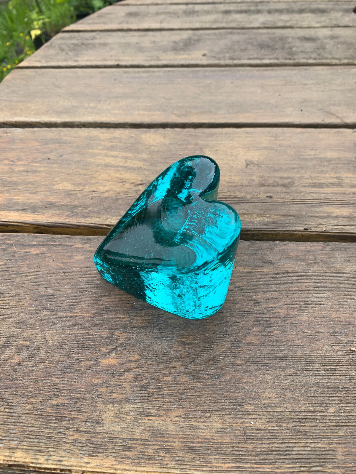 FIRE AND LIGHT Aqua Heart Paperweight Recycled Glass Art