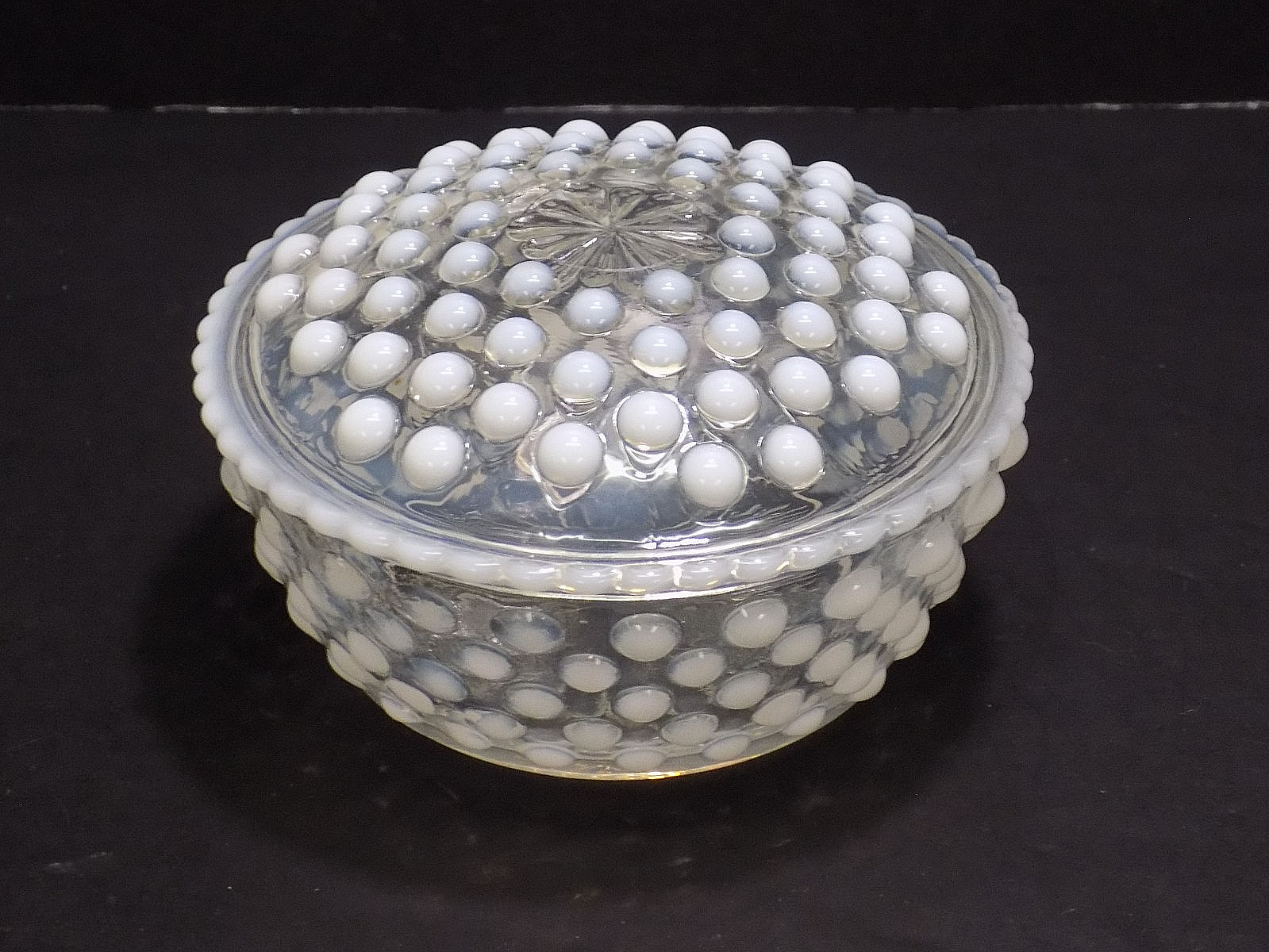 Anchor Hocking Moonstone Opalescent Glass Lidded Powder Box Vanity Jar