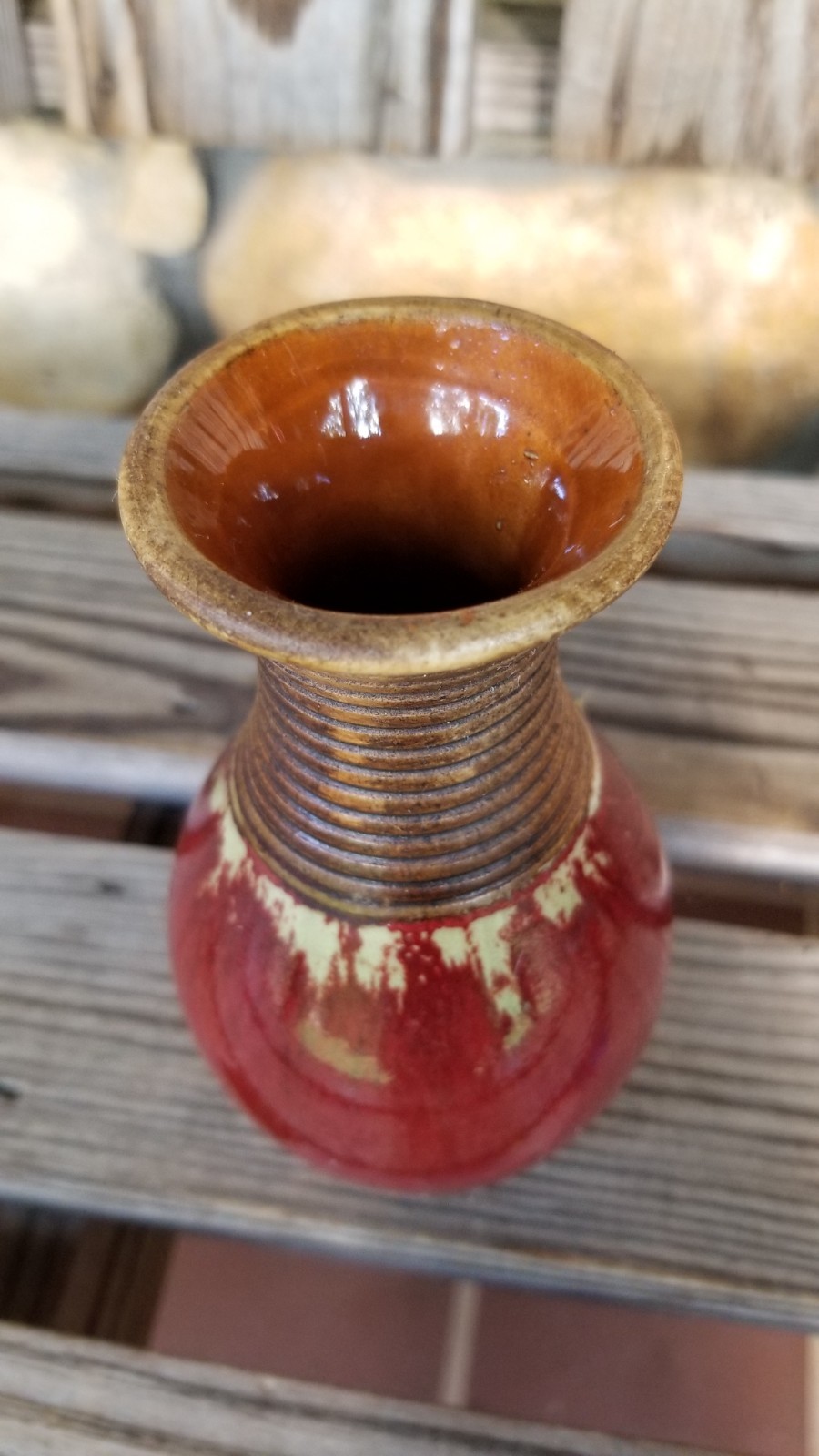 5.5″ Pottery + Wood Vase Vintage w/Red Fabric Dahlia Autumn Thanksgiving Decor