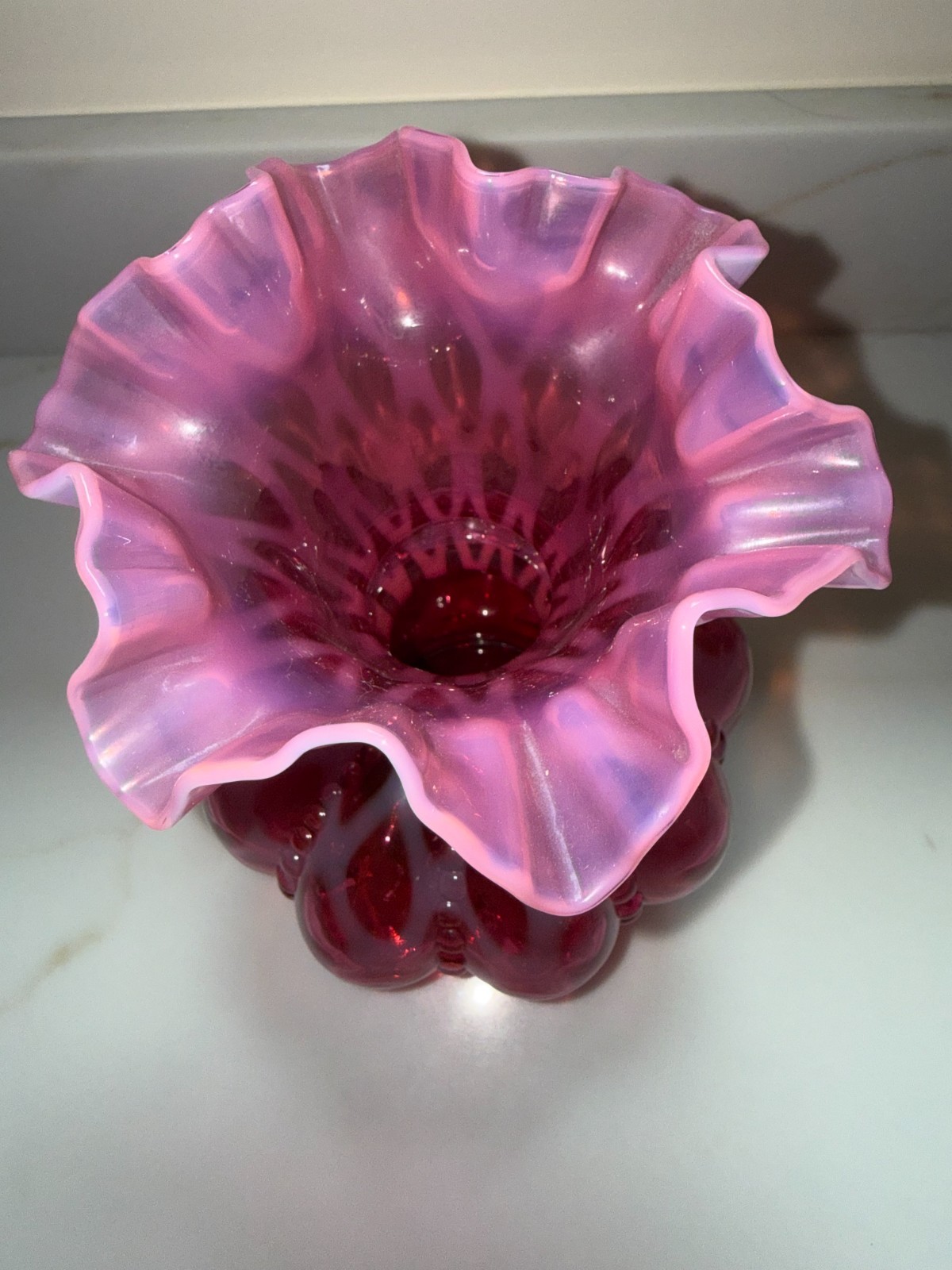 FENTON Cranberry Opalescent Lattice Beaded Melon ruffled Vase EXCELLENT COND!!