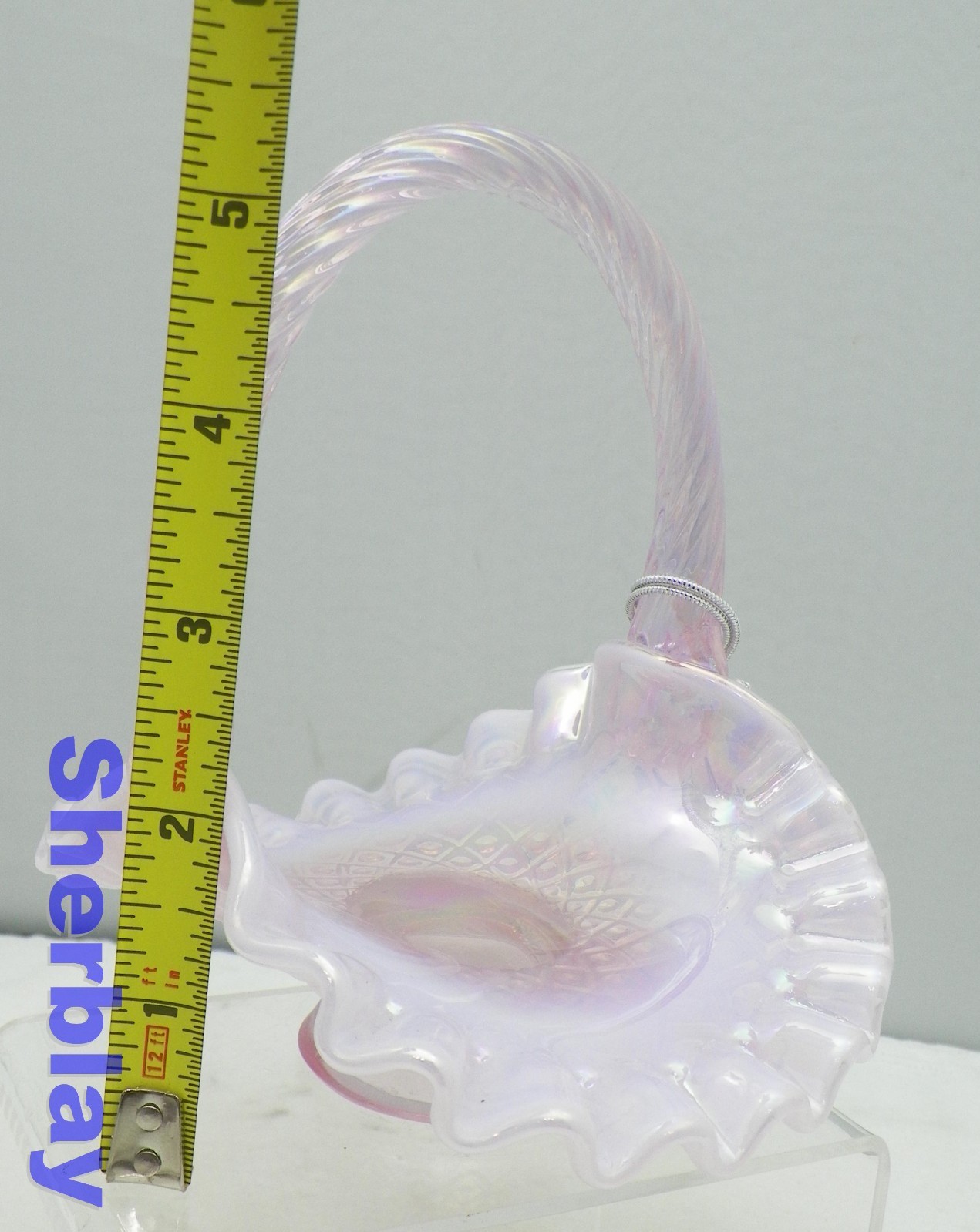 Vintage Mini Fenton Art Glass Pink Lavender Opalescent Basket Ruffled Candy Dish