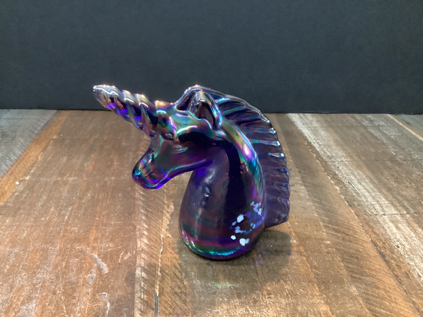 Vintage unicorn Paperweight Iridescent Cobalt blue Carnival glass