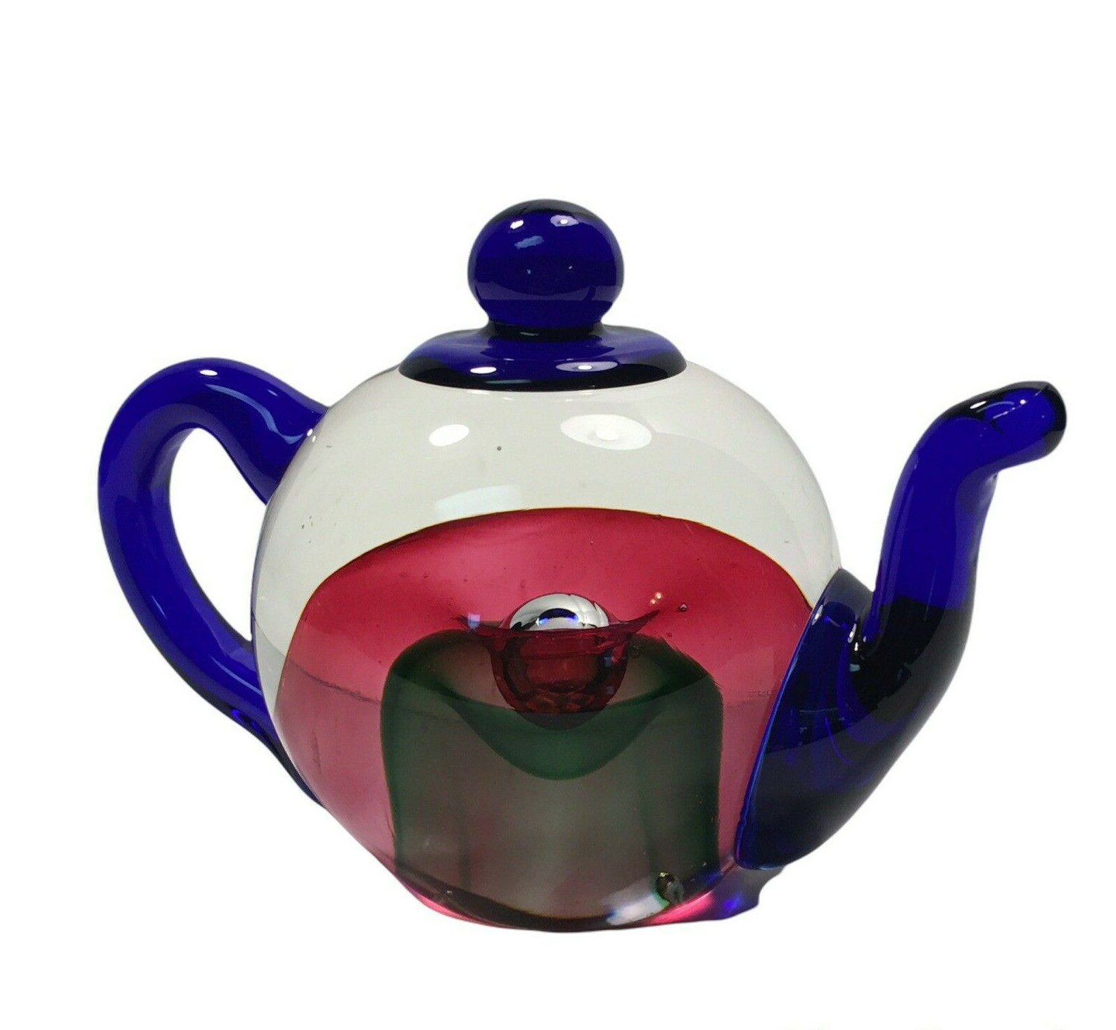Vtg EDINBURGH CRYSTAL Sommerso Teapot ART GLASS PAPERWEIGHT Cobalt Blue w/Label