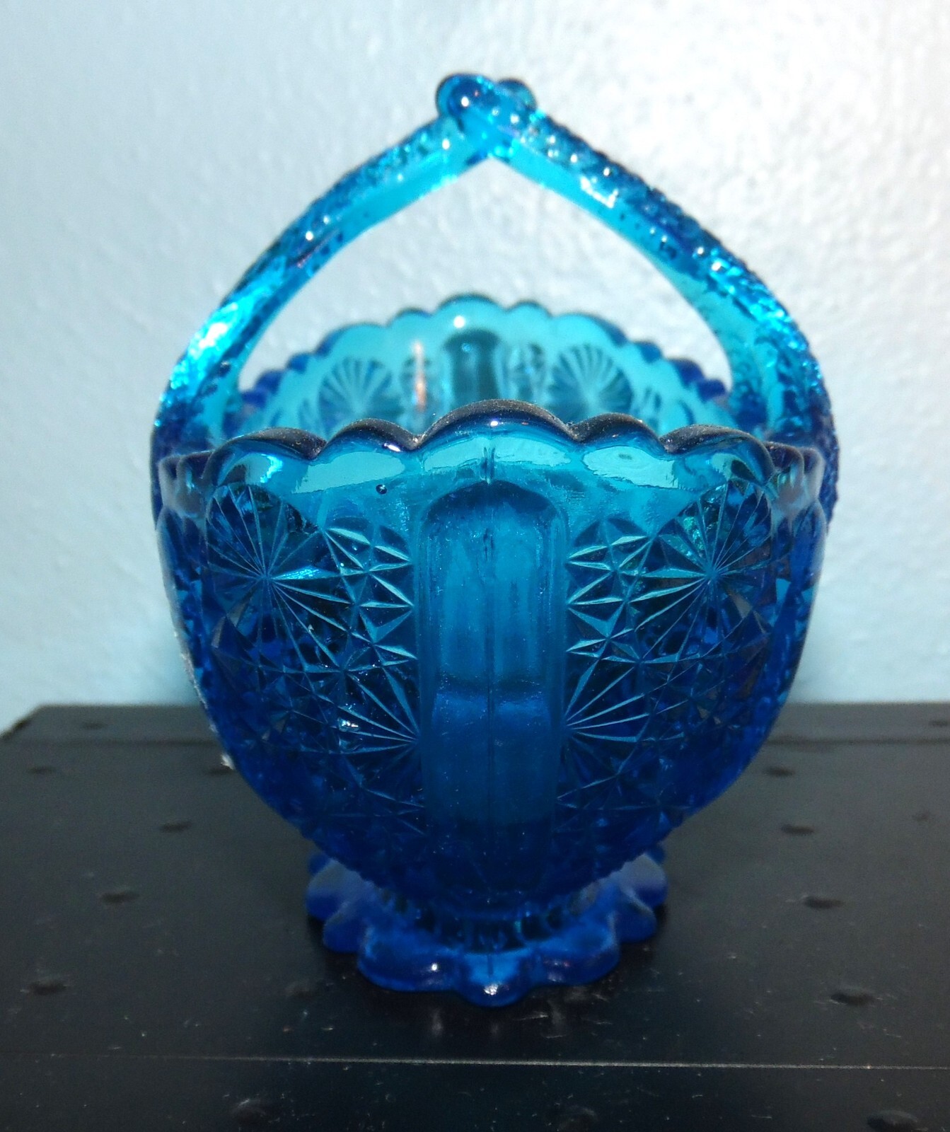 Vintage Fenton Blue Glass Daisy and Button Oval Basket with Split Twig Handle