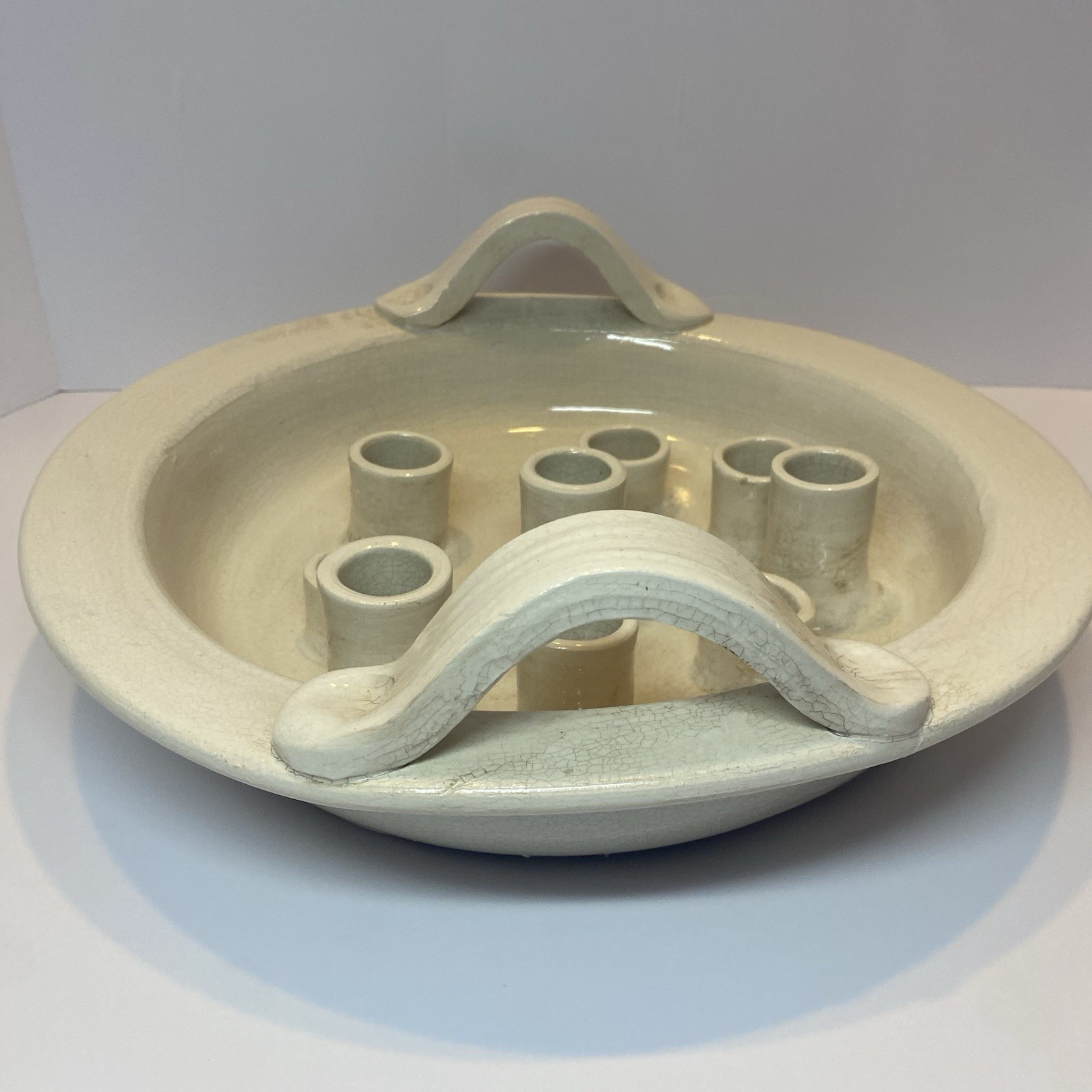 VTG Ceramic 9 Pipe Candle Plate Holder Tray Menorah 13” Art Pottery Cream ITALY