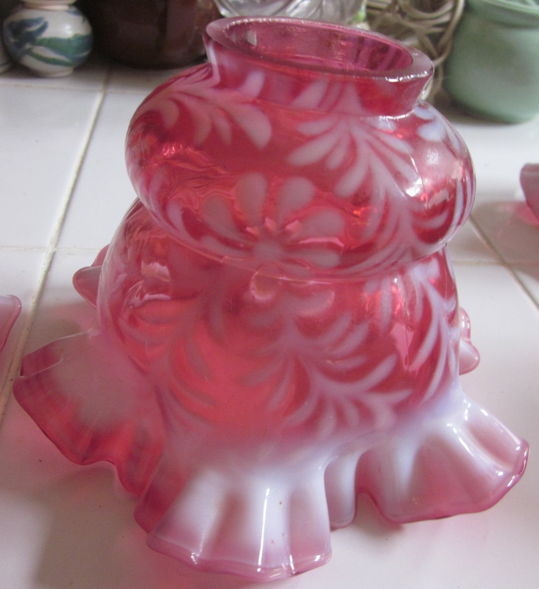 Pair gorgeous Fenton Cranberry Opalescent double crimped daisy & fern shades