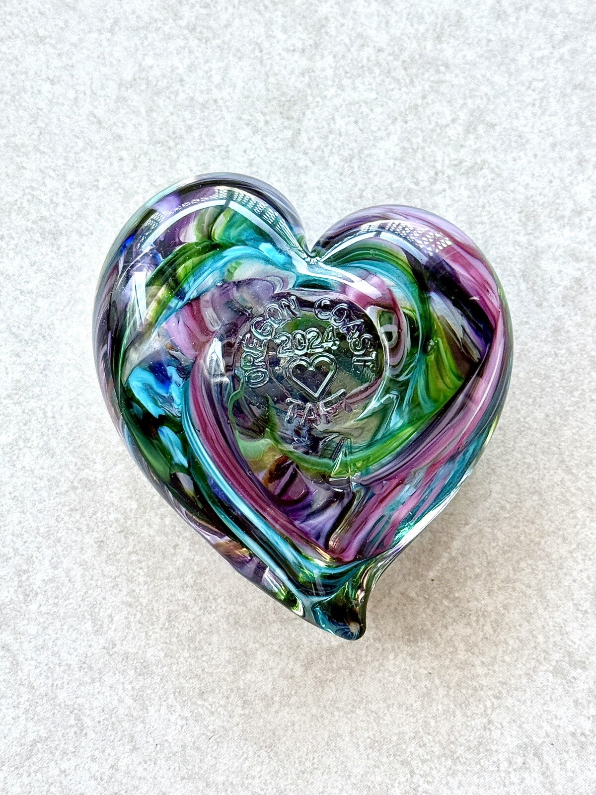 Heart-Shaped Glass Multi-Colored Swirl Design
