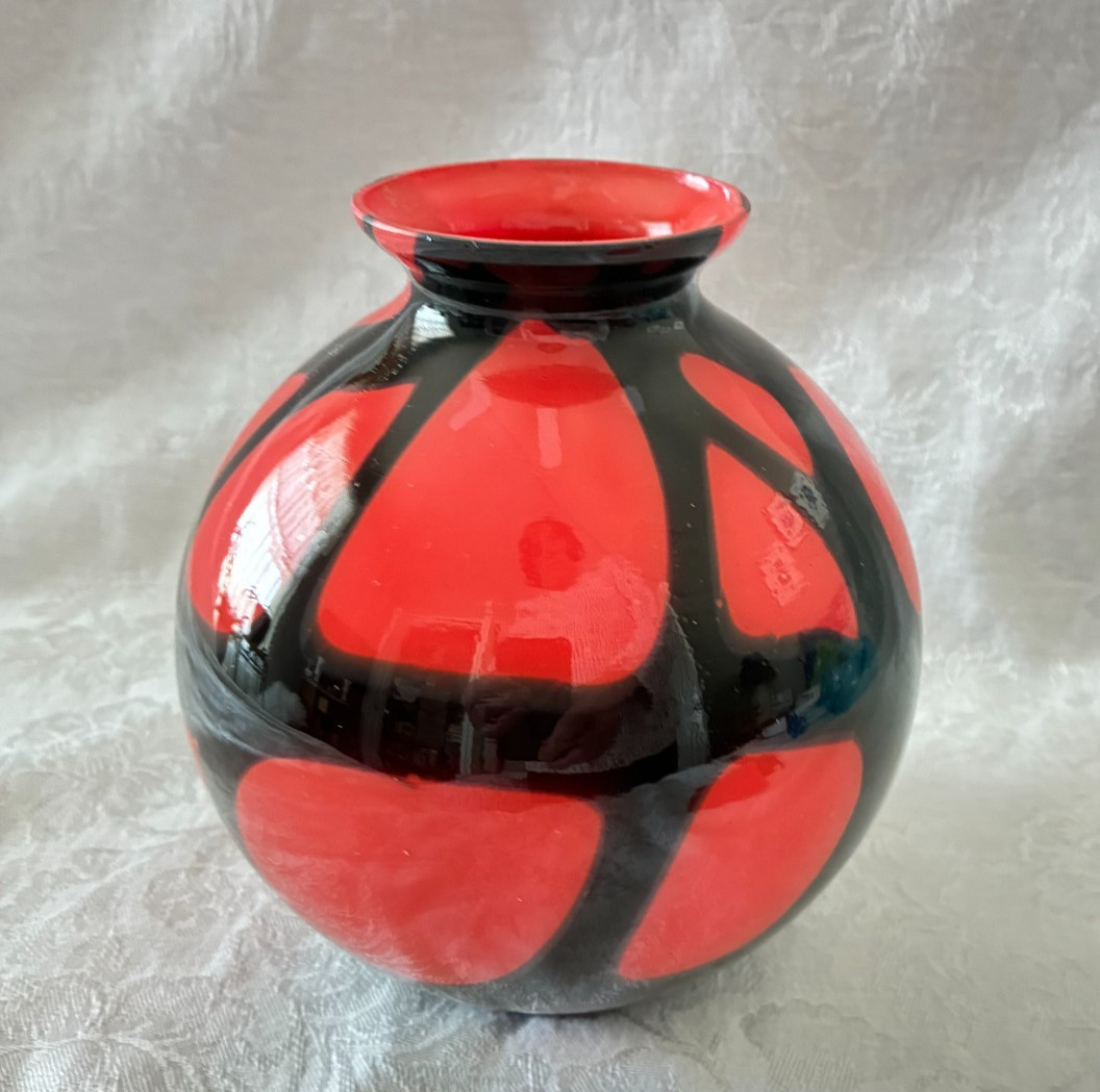Czechoslovakia Art Glass Black and Red Round Vase