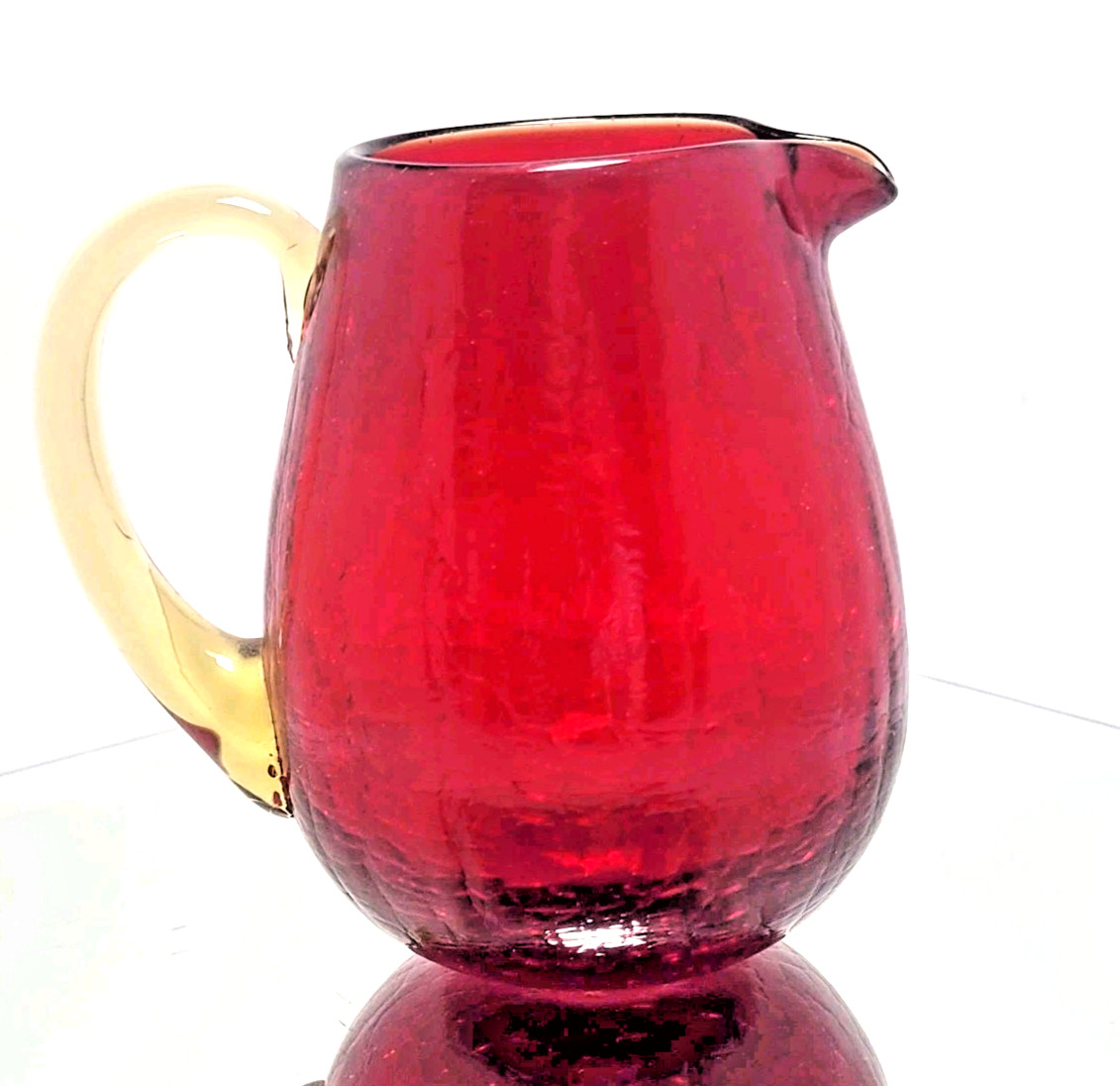 Vintage Ruby Red Crackle Art Glass with Yellow Handle Hand Blown Pitcher
