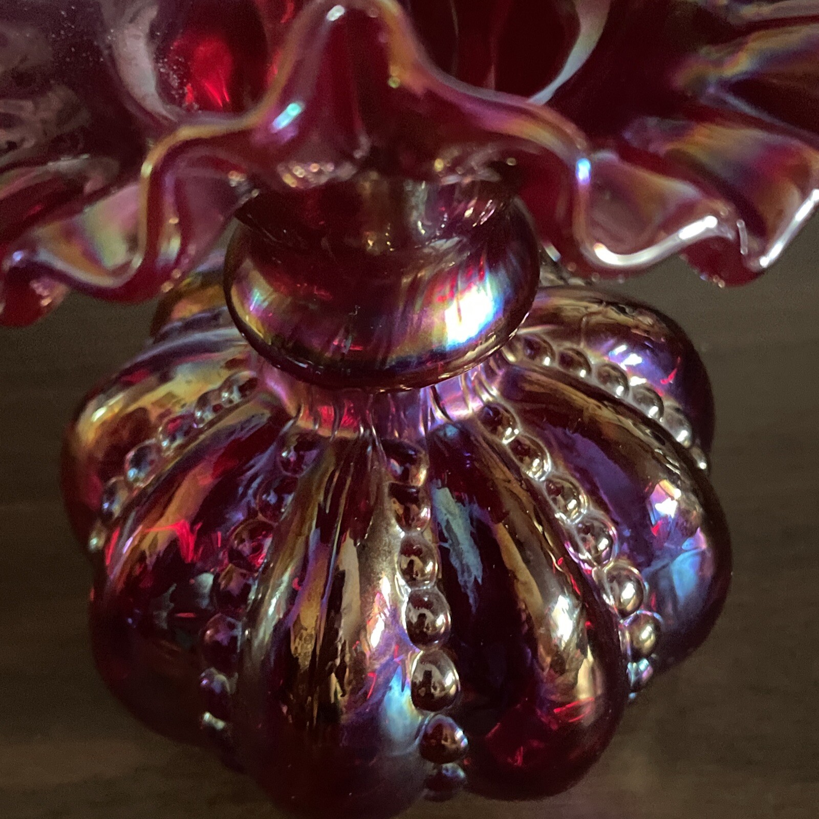 Vintage Fenton Red Carnival Glass Beaded Melon Vase 6″