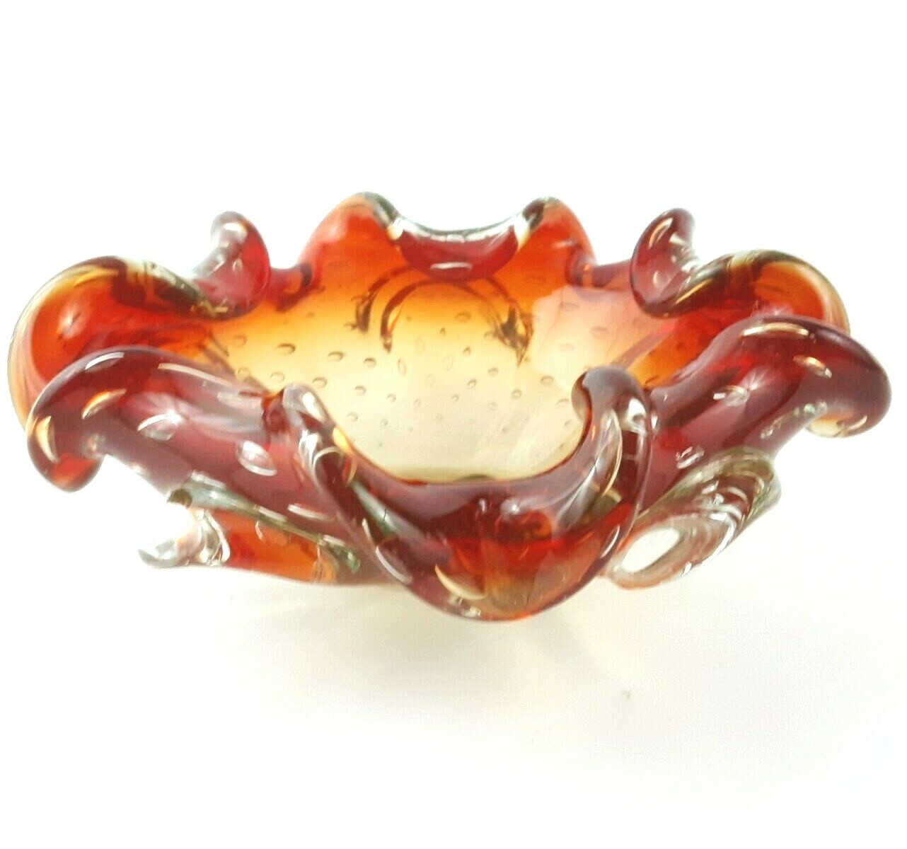 Murano Art Glass Bullicante Red to Clear 6.5 in Ashtray Dish Vintage Mid Century