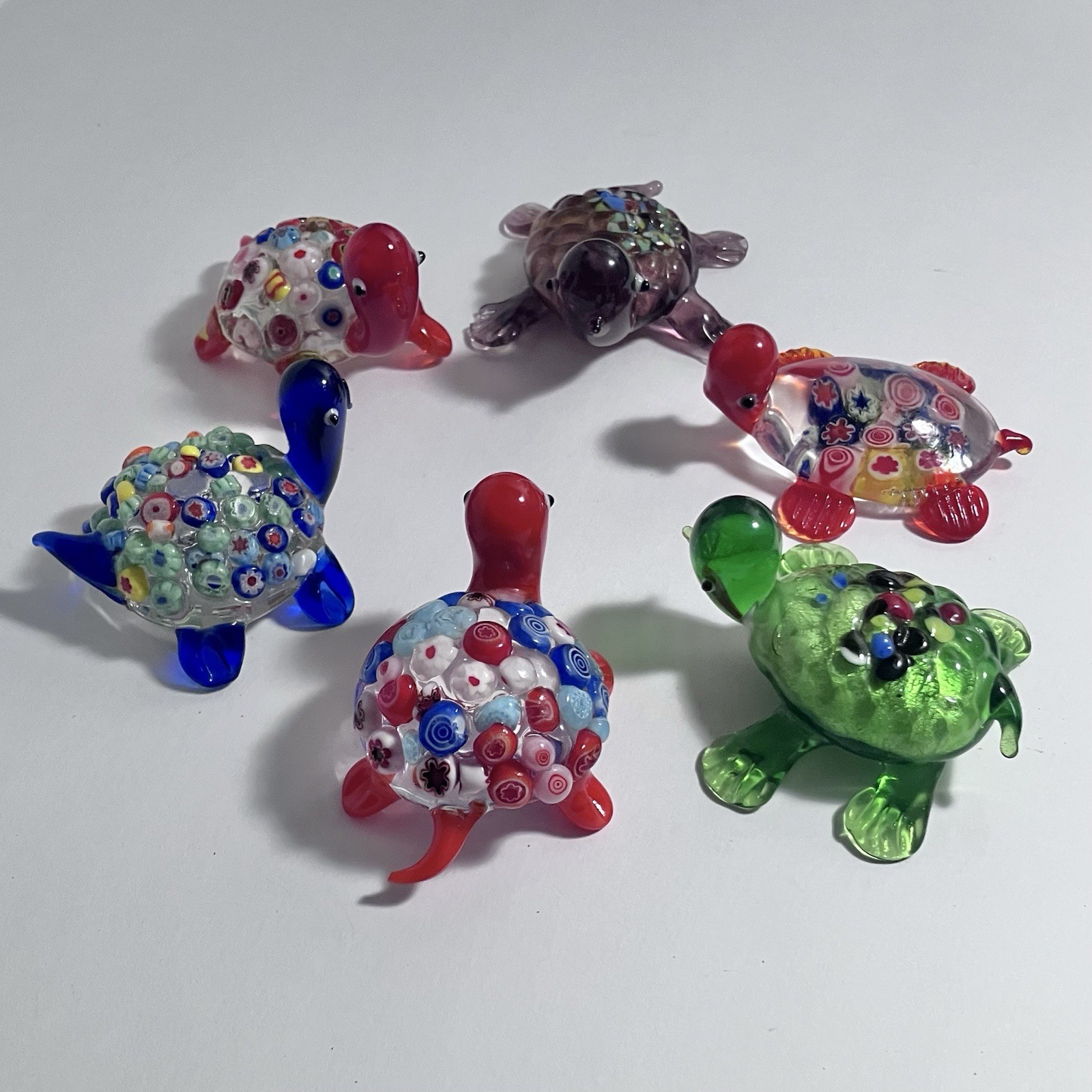 6 MURANO-STYLE Handblown GLASS TURTLES With MILLEFIORI CANE Decoration, One Chip