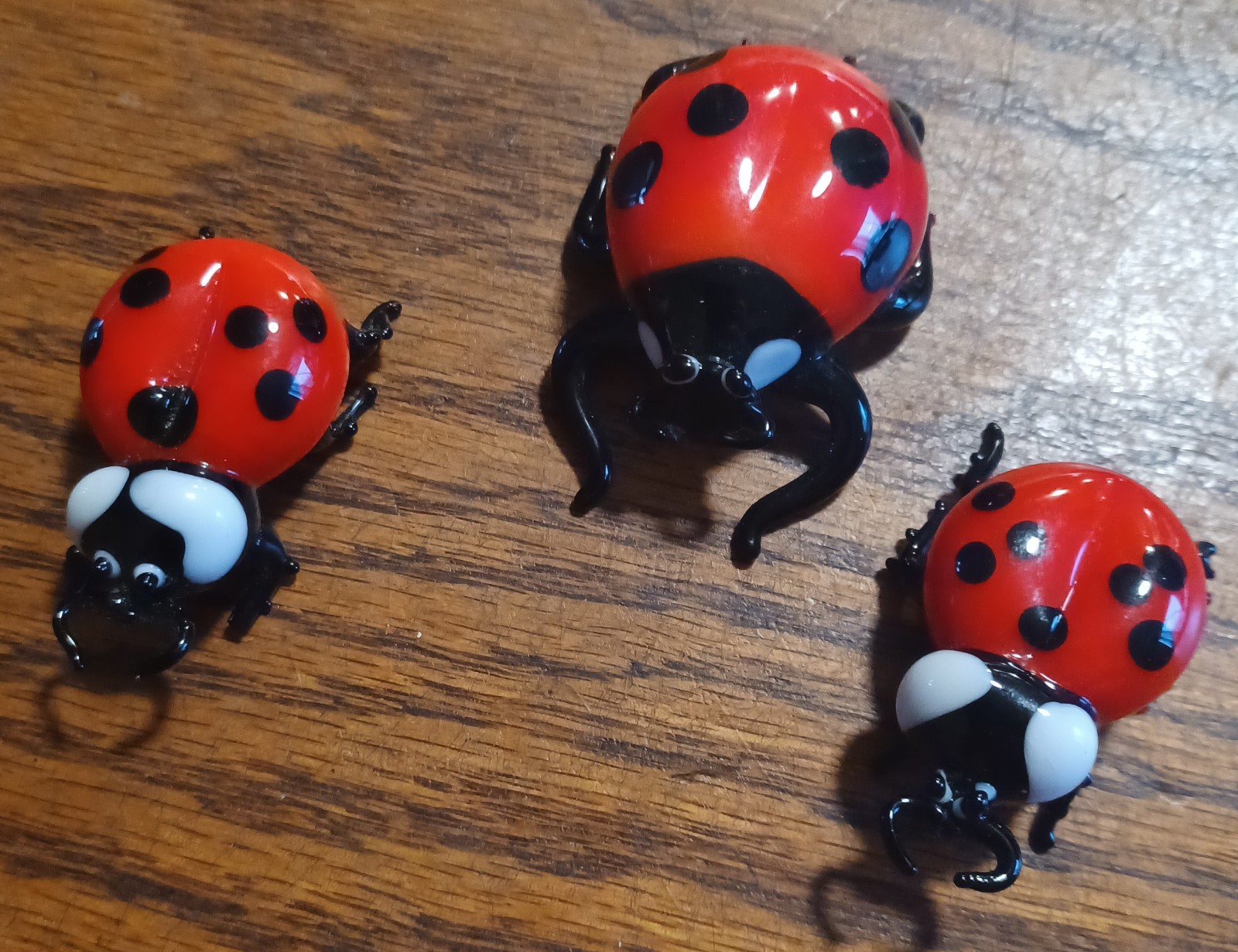 Vintage Hand Crafted 5 Blown Glass Red Polka Dot Lady Bug Art Beetle Bug 2 Wood