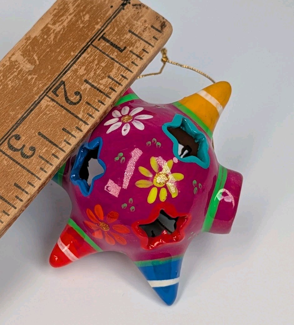 Mexican Handpainted Clay Terra Cotta Multicolored Pinata Star Ornament