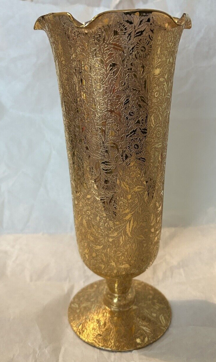 Glastonbury Lotus “Daisy Fields” 22k Gold Encrusted 10-1/8″ Straight Vase ~ Mint