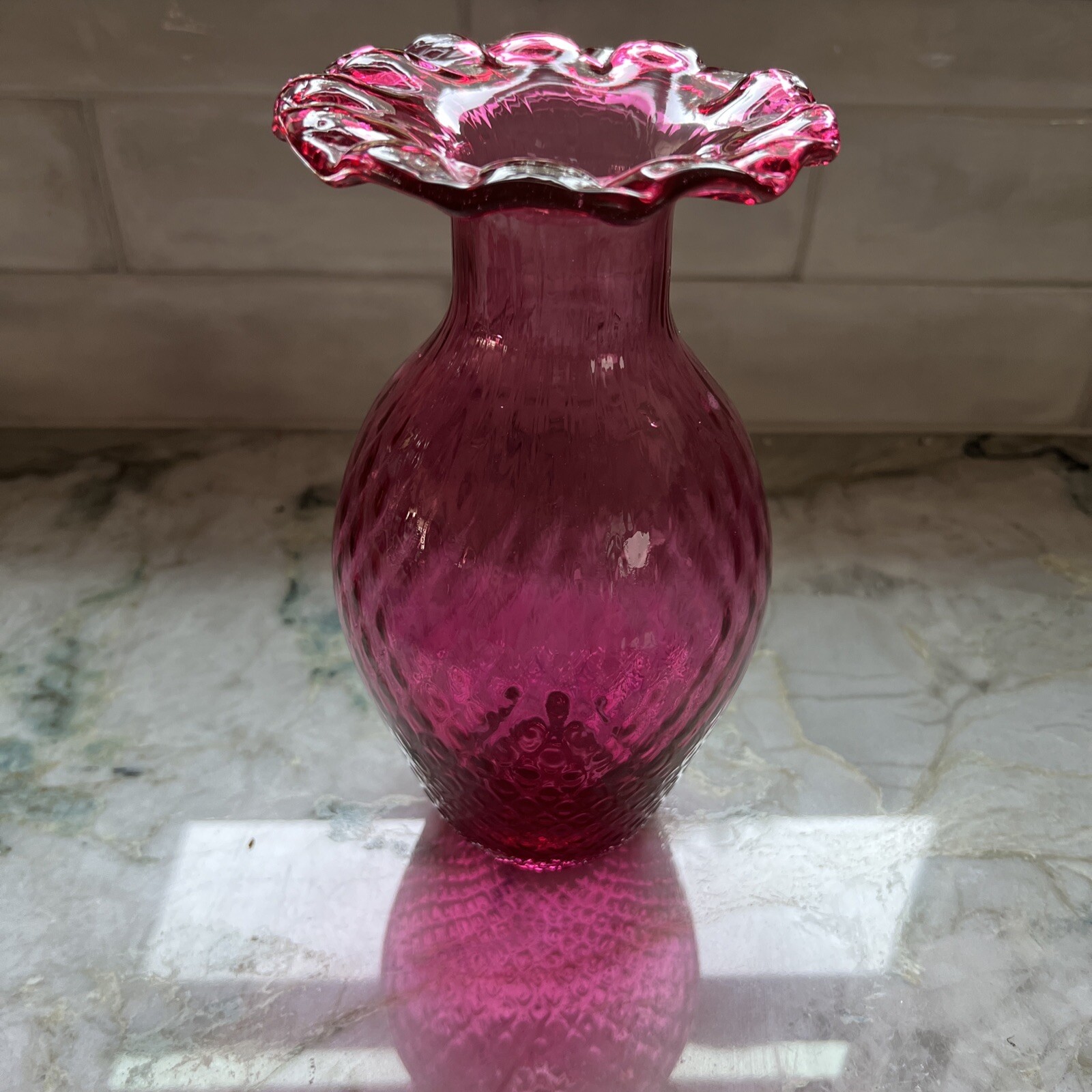 Cranberry Optic Diamond Vase by Rossi Art Glass Of Niagra New York