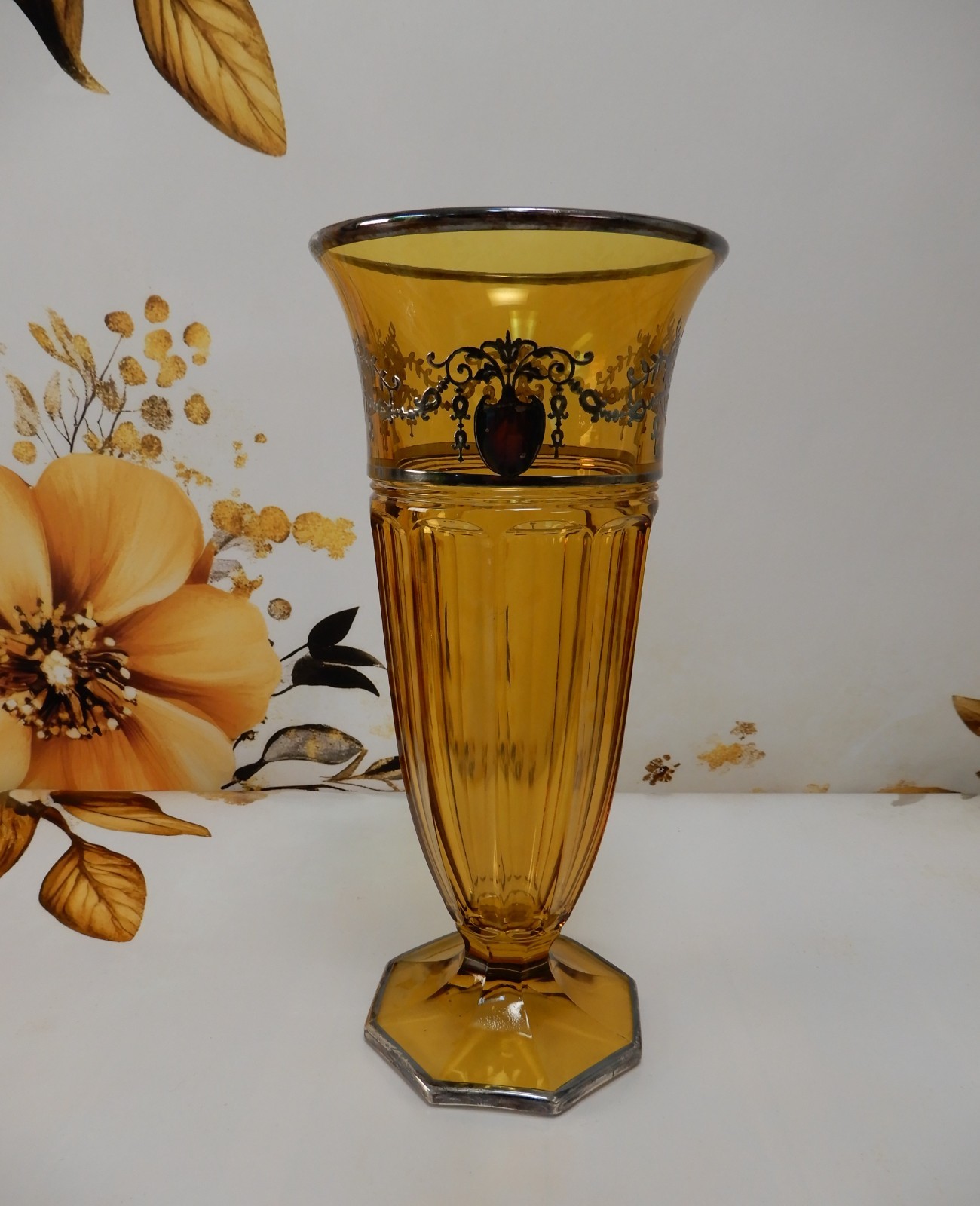 Vintage Antique Amber Glass Tall Vase w/ Silver Overlay Decoration