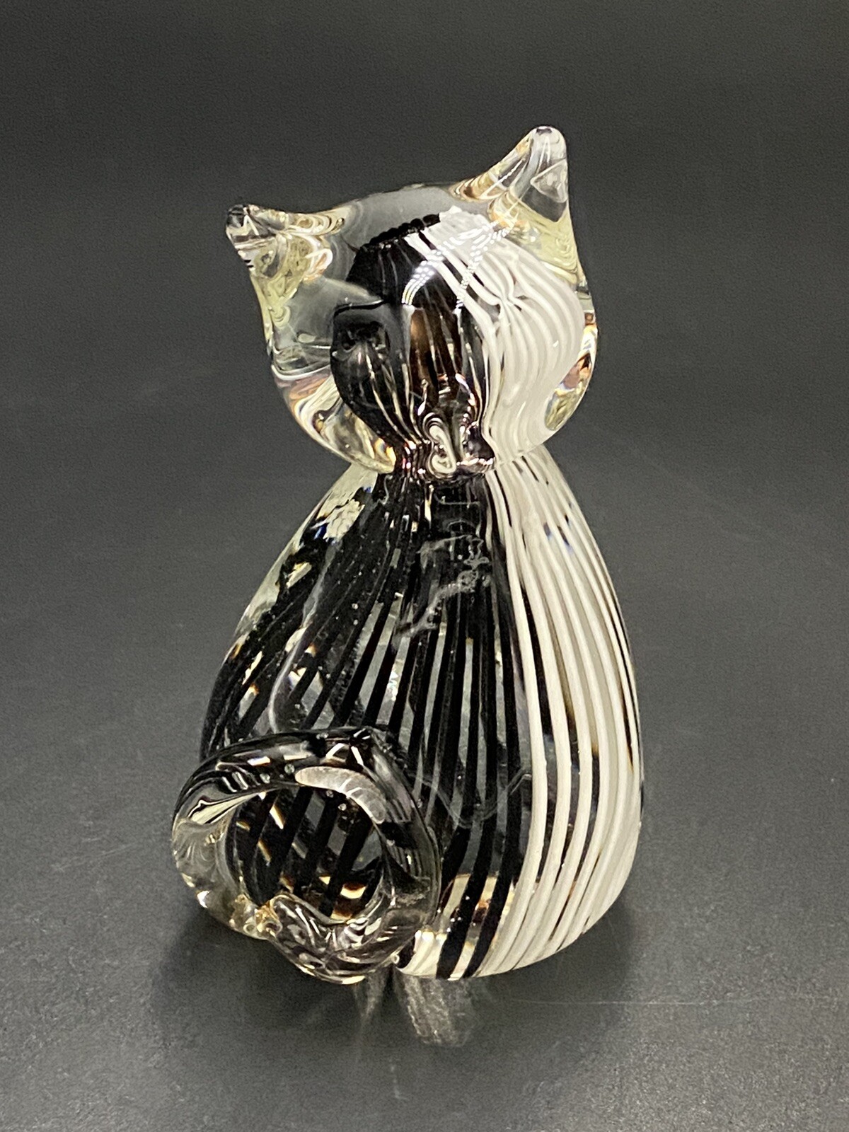 Art Glass Cat Paperweight Clear With Black White Stripes 4″