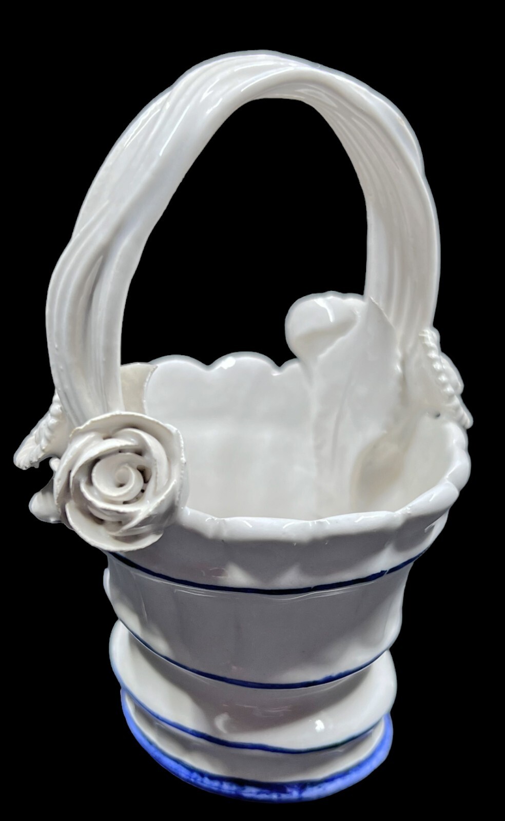 Vintage 1960’s Italian Handmade Basket Of White Porcelain Flowers & Blue Lines