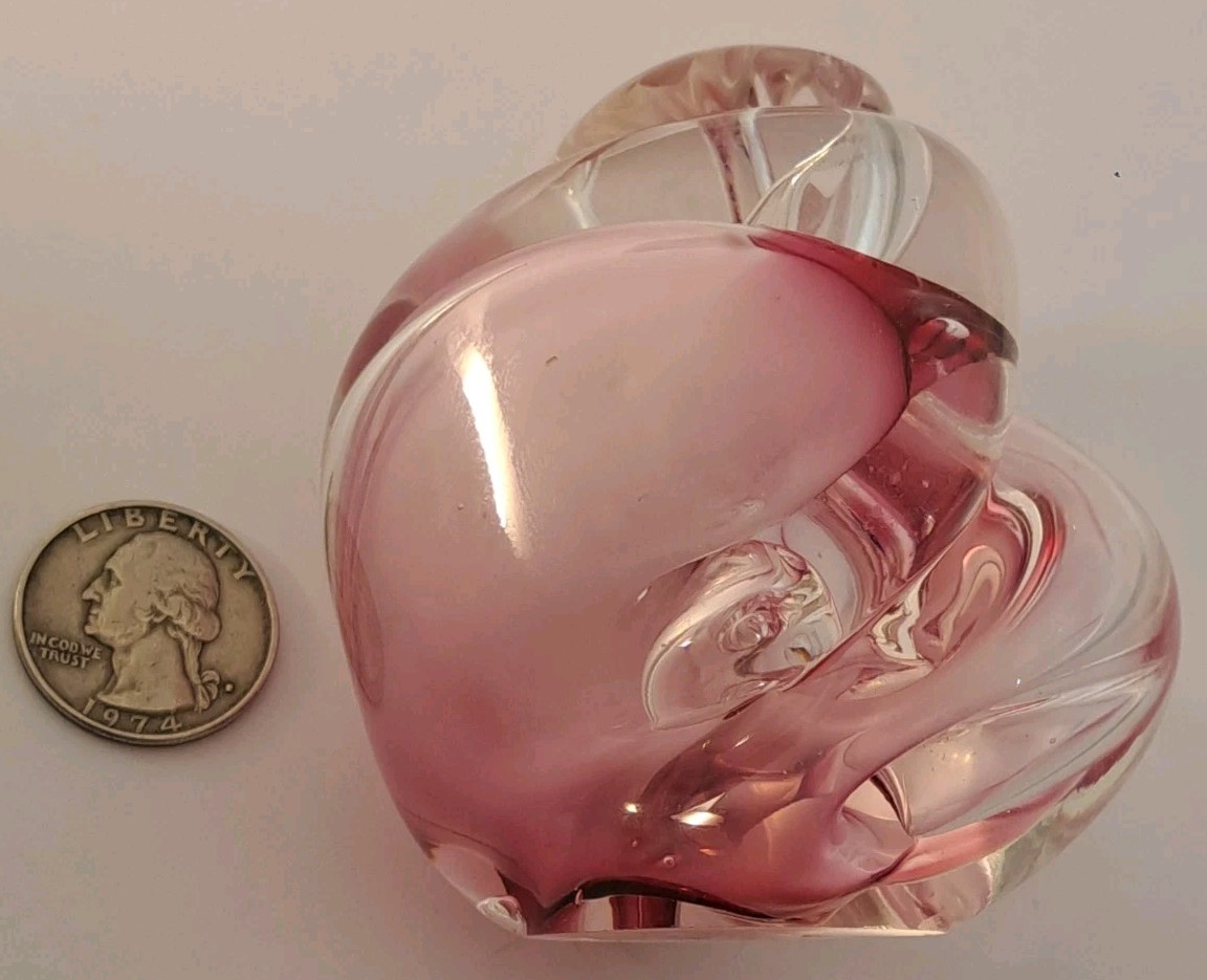 Pink Purple Clear Art Glass Paperweight Nautilus Shell Swirl 3 1/4” Signed