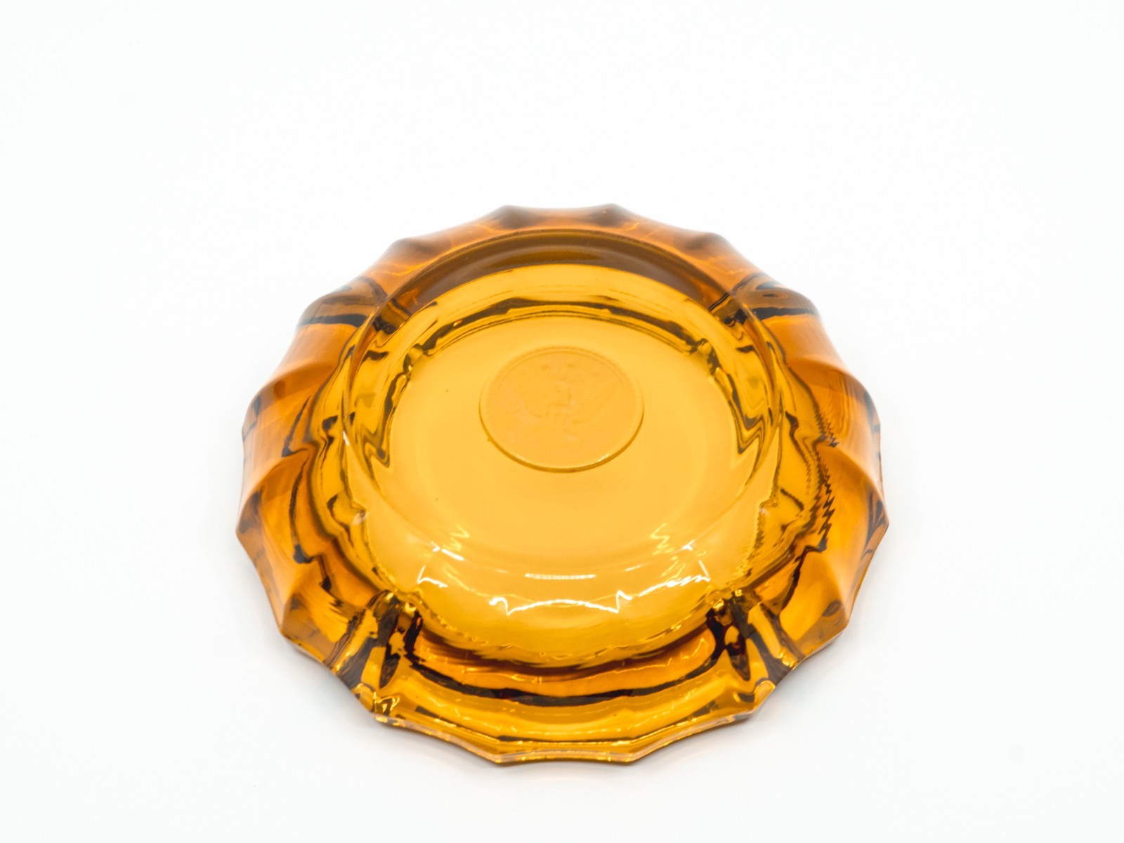 Vintage Fostoria Amber Glass 5.25″ Ashtray with 1887 USA Presidential Eagle Seal