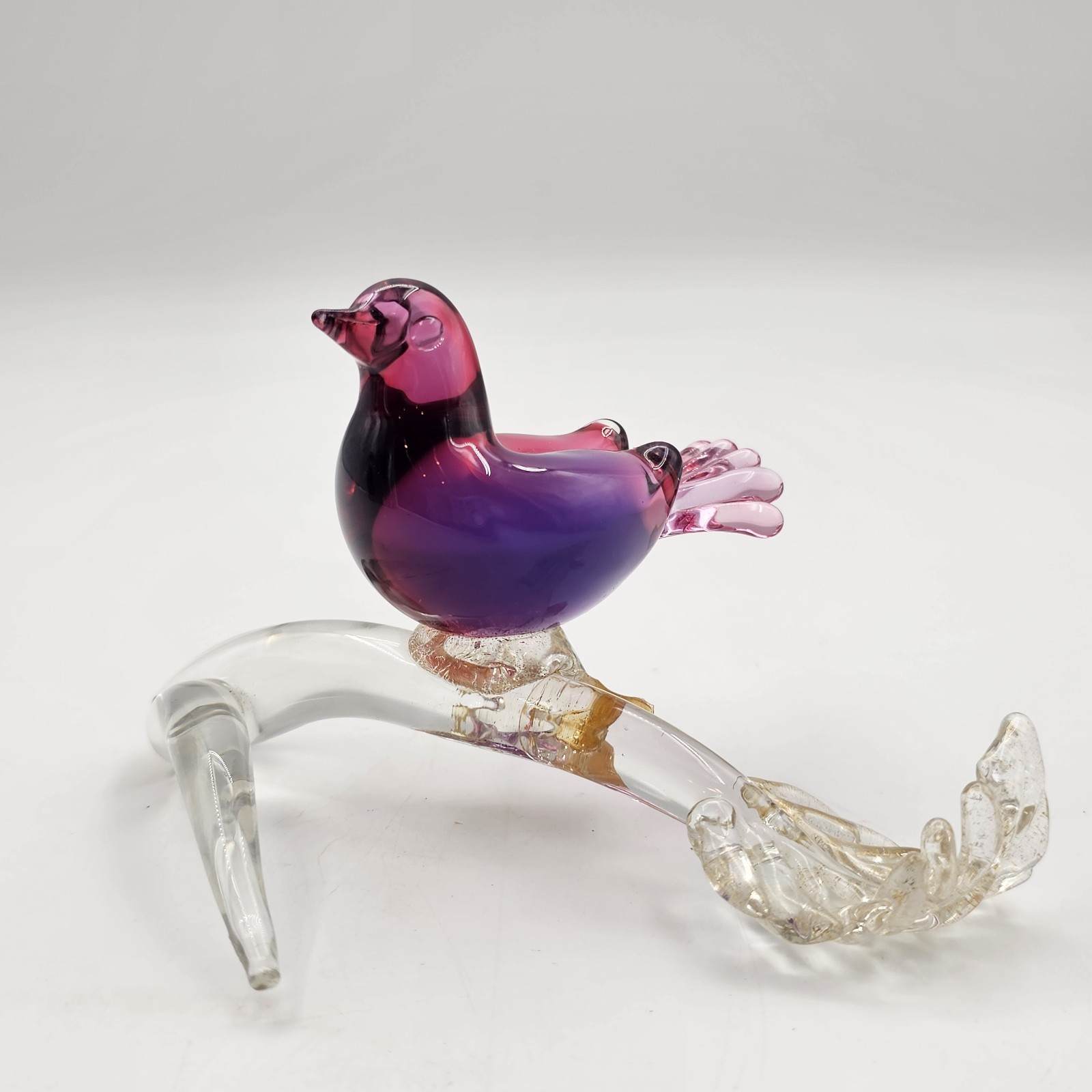 Murano Hand Blown Art Glass Bird Sculpture on Gold Fleck Branch Figurine 3.50 in