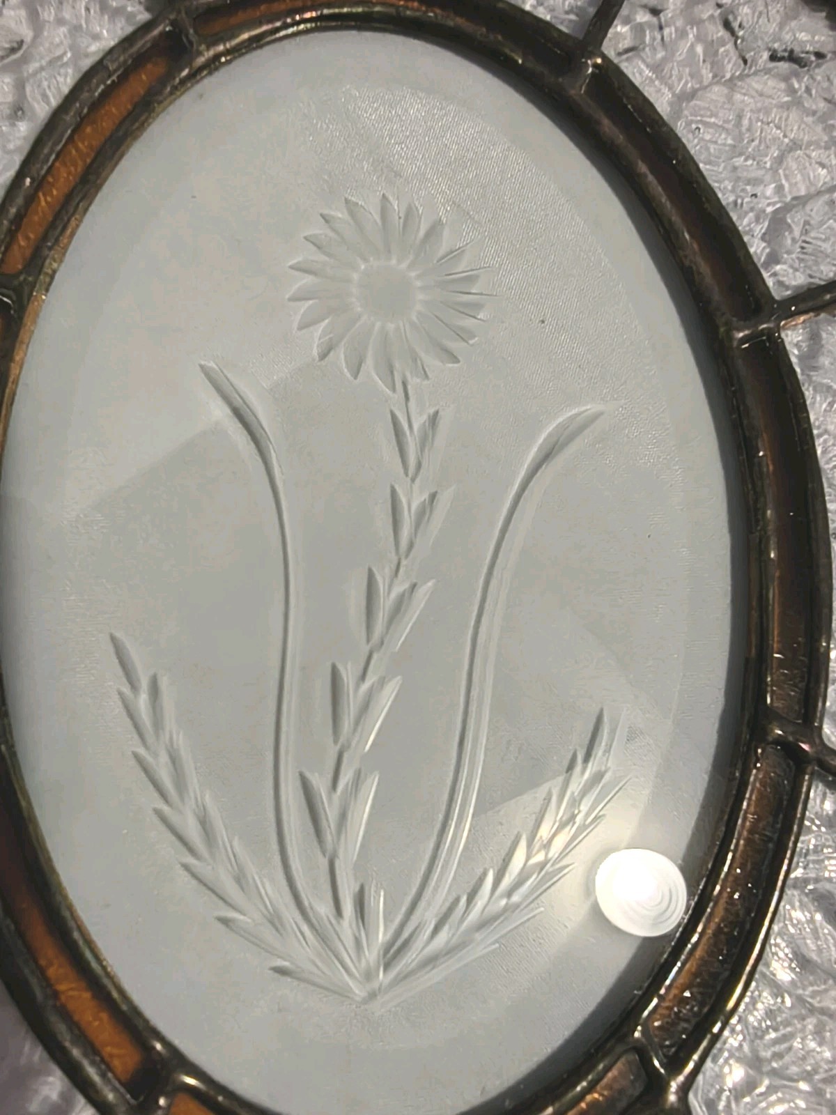 Clear Glass Etched Floral Sun Catcher w Amber Glass Insert and Beveled Glass