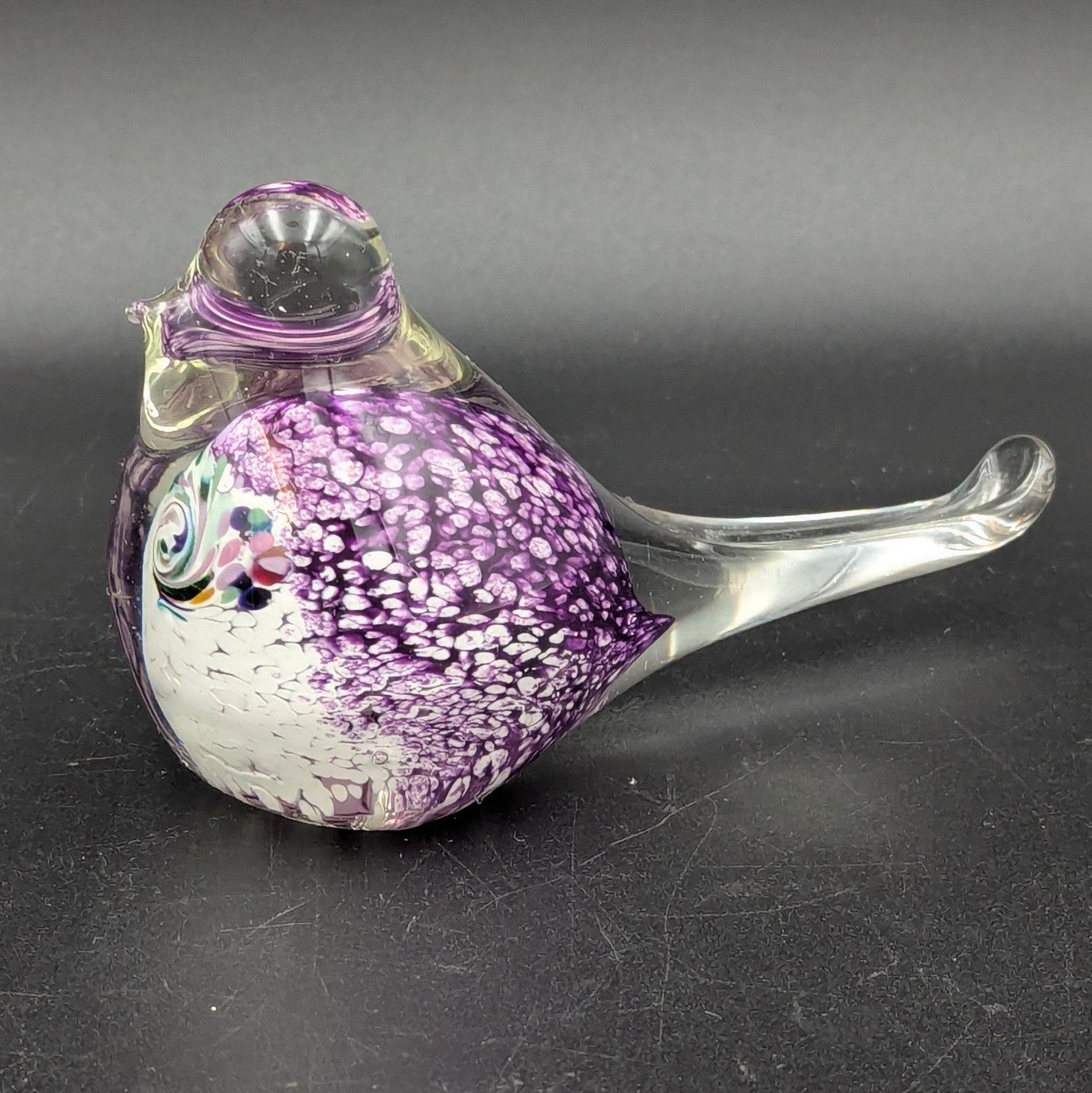 Art Glass Hand Blown Signed Bird Figure JP 94 Purple White Swirl Paperweight