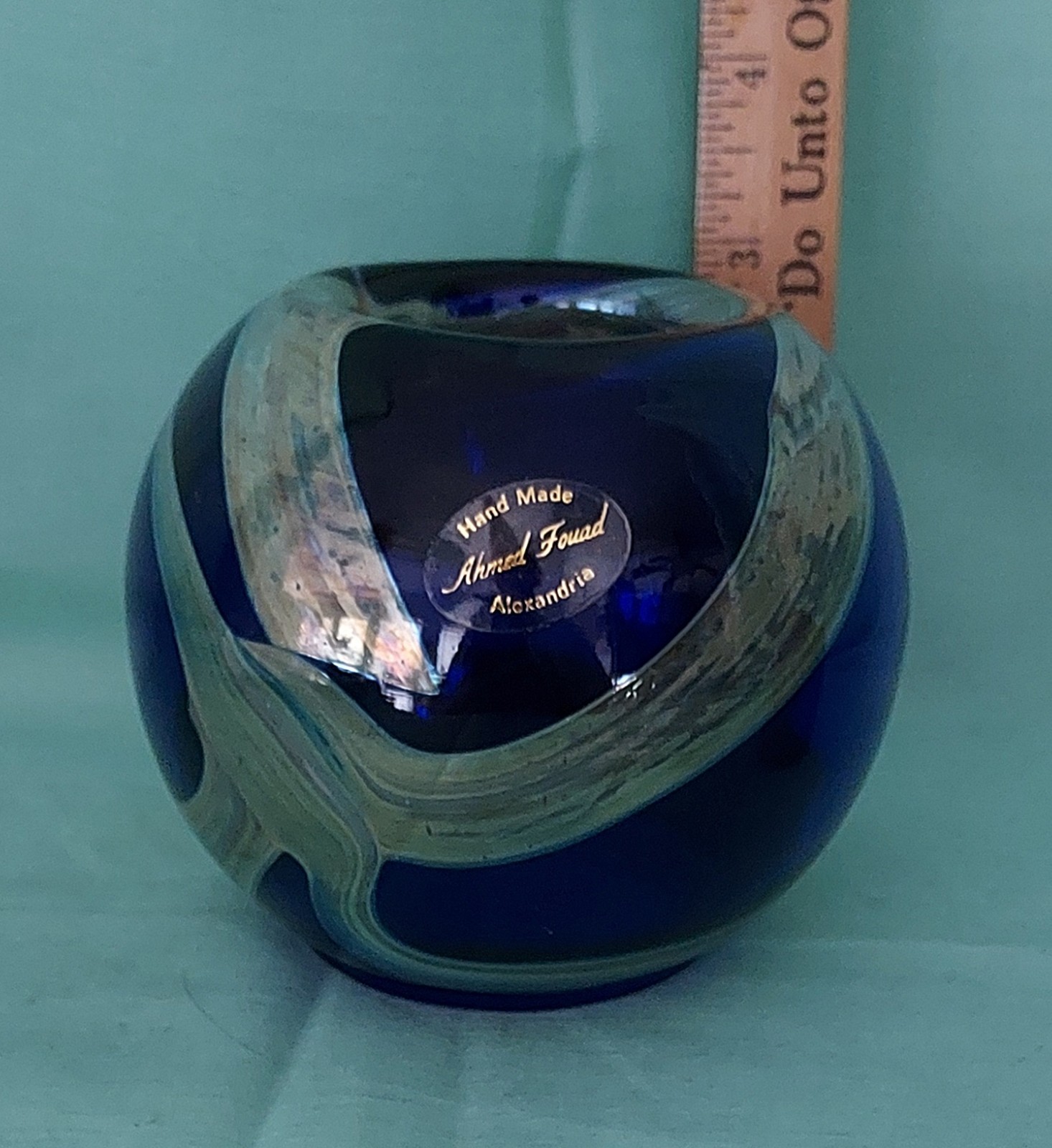 Ahmed Fouad Cobalt Blue/Gold Blown Glass Candleholder/Vase Egypt EUC