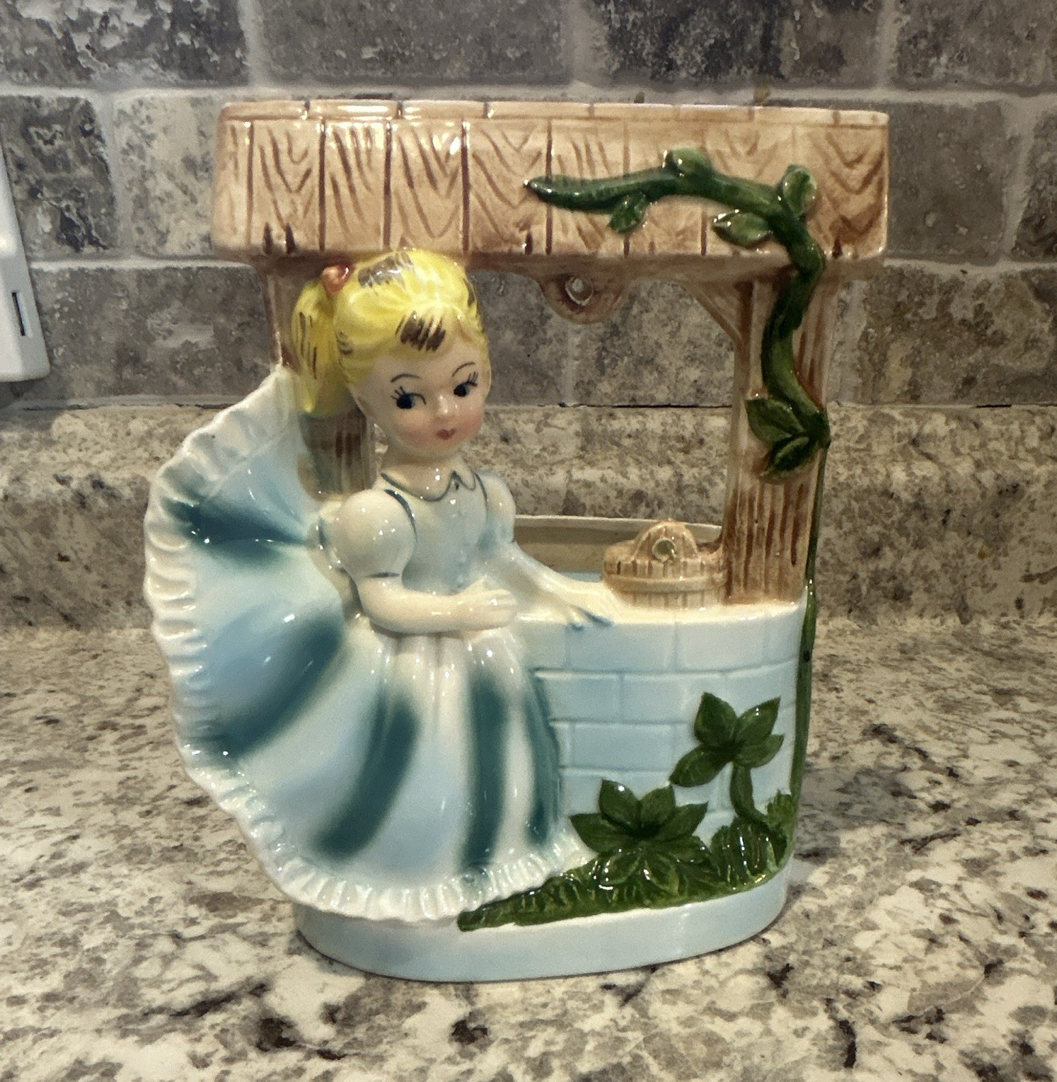 Rubens Japan 468 Vintage Ceramic Figural Girl at Wishing Well Planter Blue Green