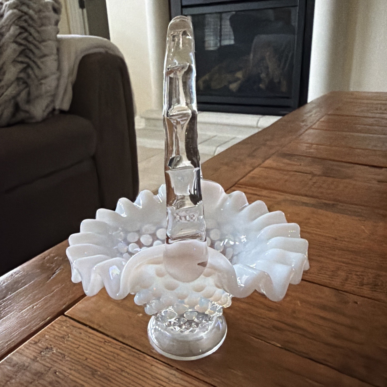 Vintage Fenton Opalescent White Clear Hobnail Basket w/Handle Ruffled Edge 6” H