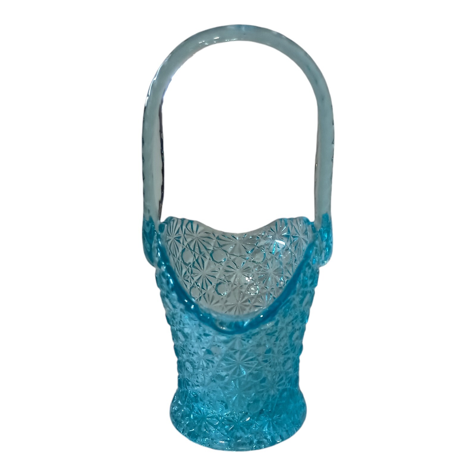 LG Wright Daisy Button Glass Basket Brides Vase Blue Pressed Art Glass Ruffled