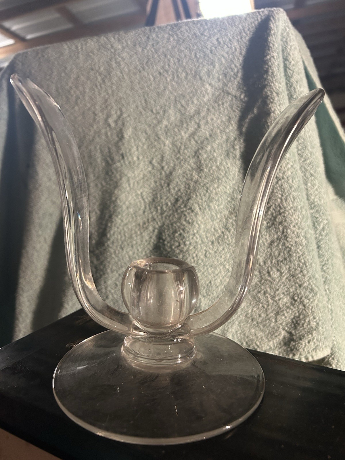 Clear Glass Abstract Decorative Candle Holder with Central Cup and Two Arms