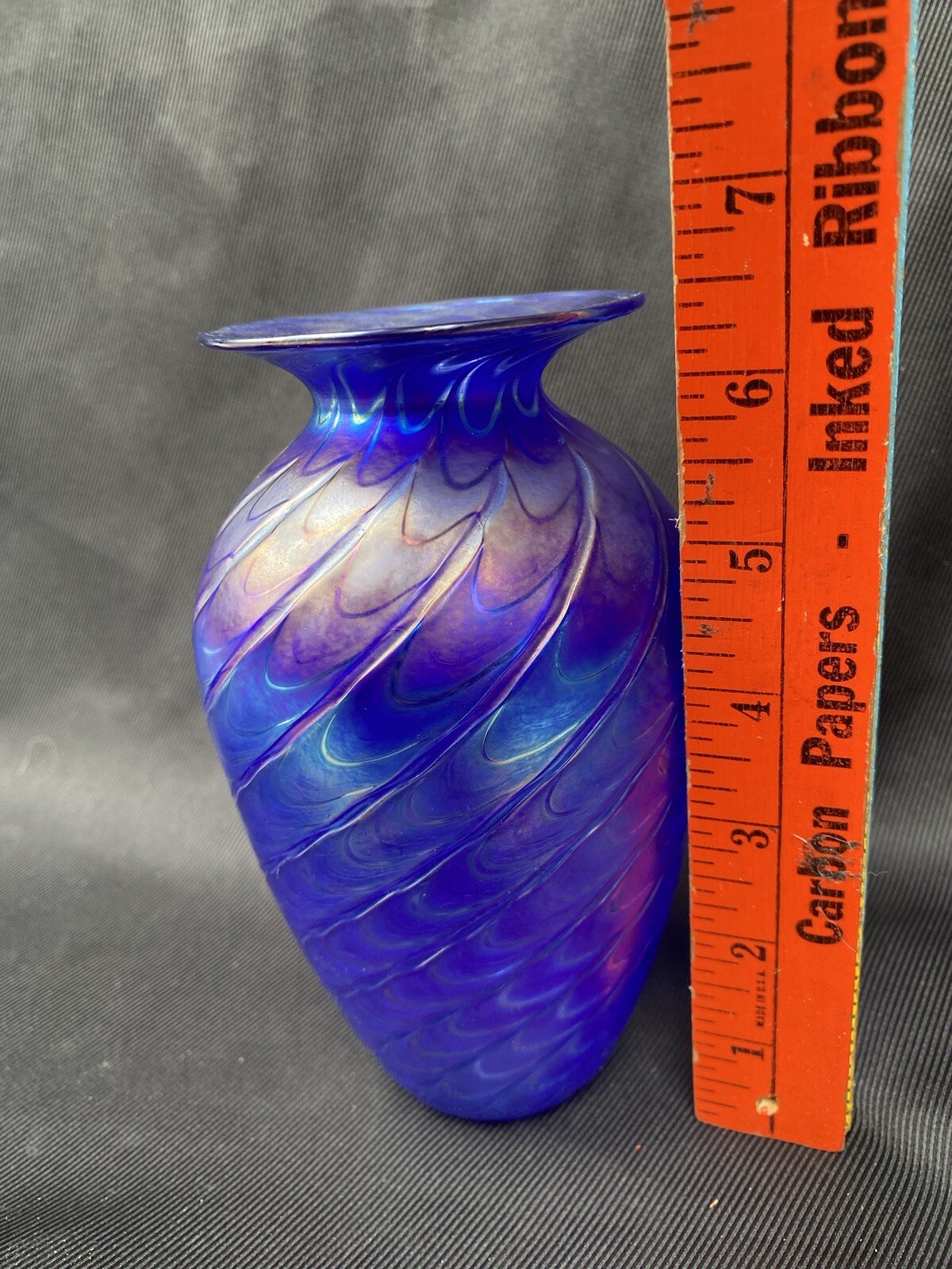 1996 Glass Eye Studio Iridescent Blue Feather Glass Vase 6 1/2 Inches Tall