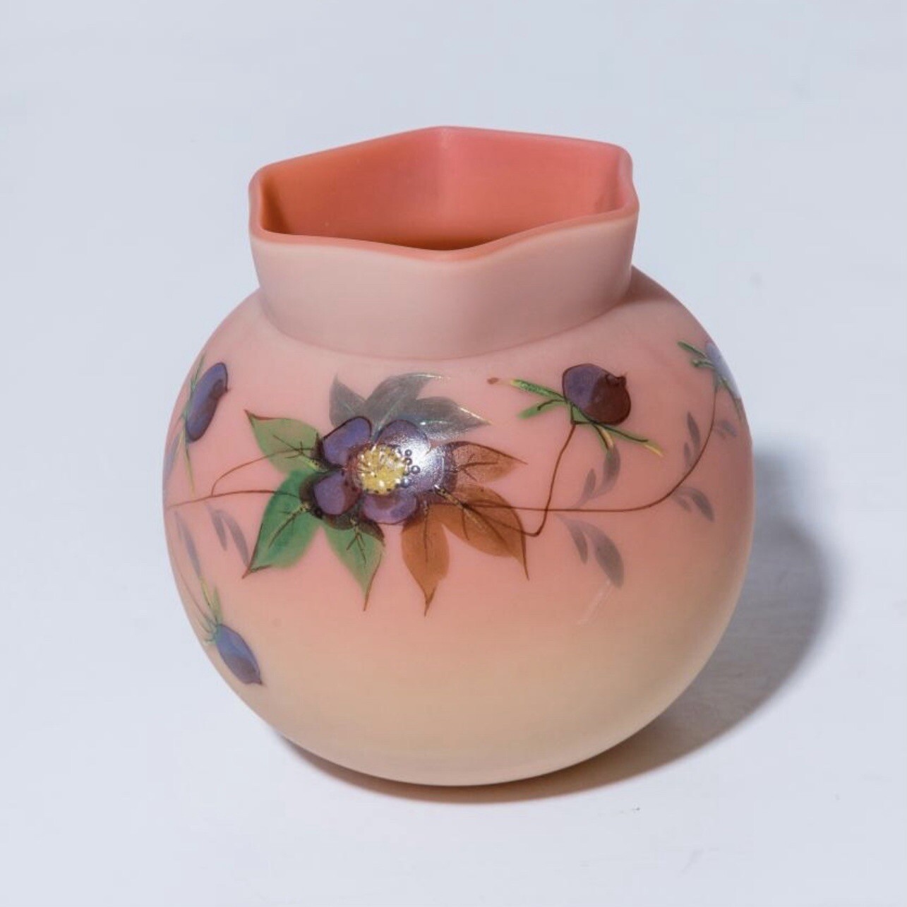 Thomas Webb & Sons Queens Burmese Miniature Vase Circa 1887, Mt. Washington