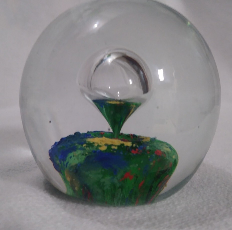 Art Glass Clear Round Glass Paperweight Bubble + Blue Red Yellow Color Splotch