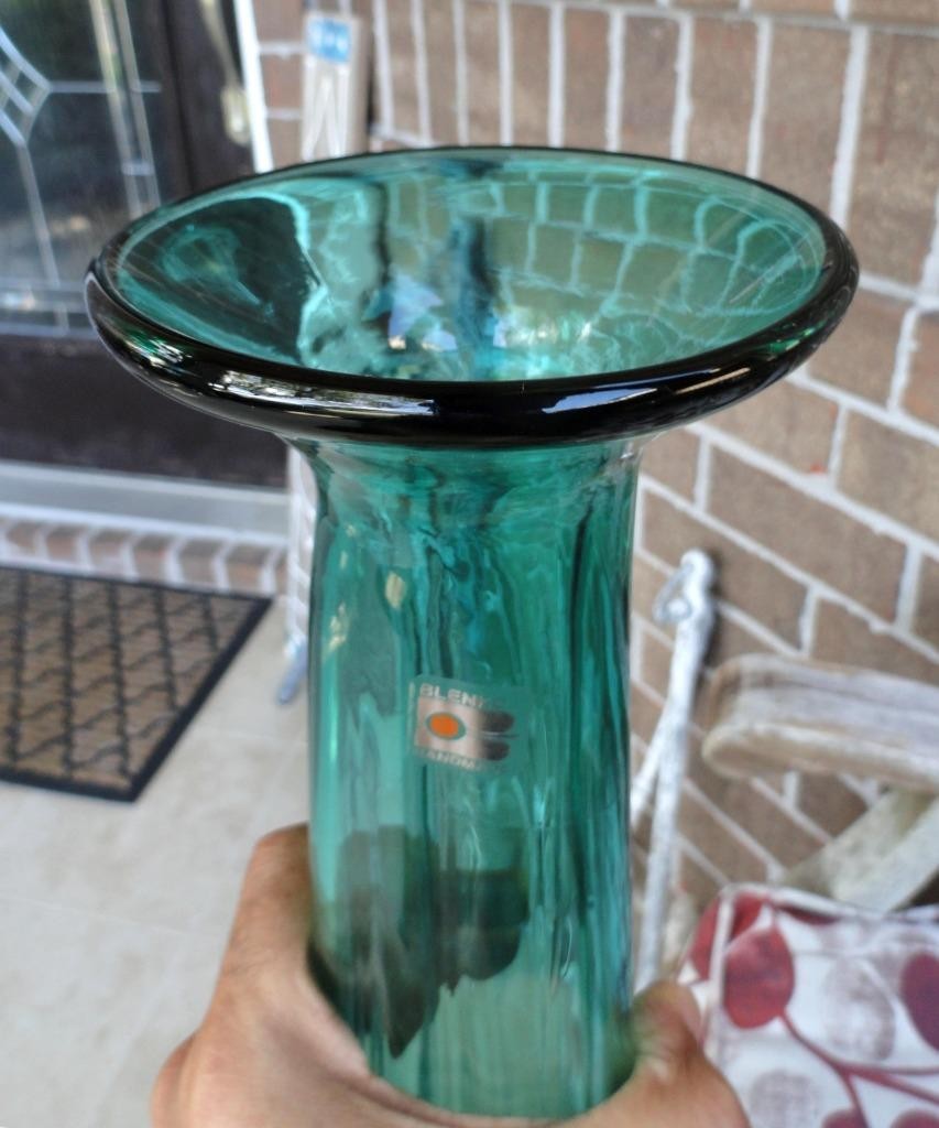 tall BLENKO TEAL/SEA GREEN 17” VASE MCM Art Glass Ribbed w/Foil Tag