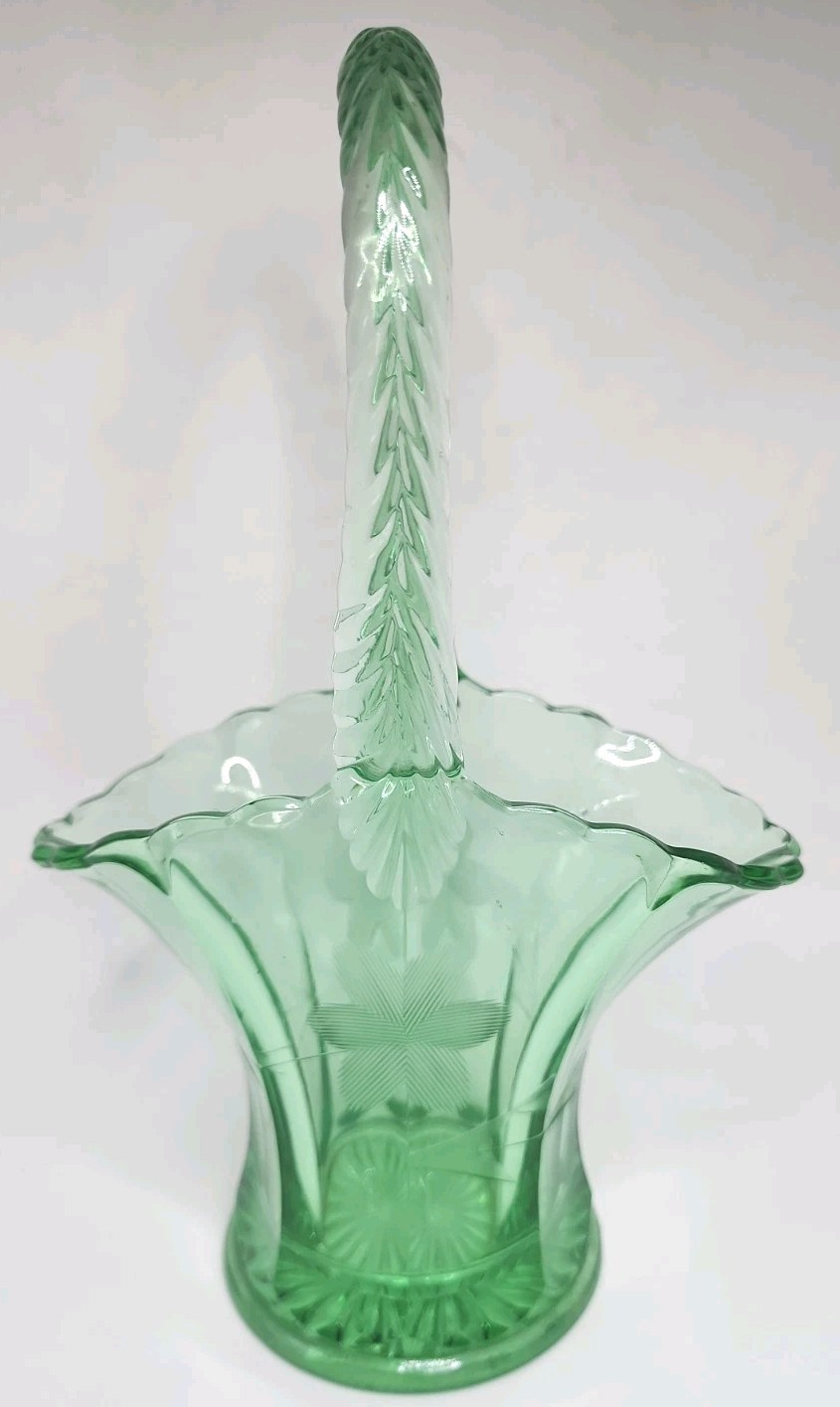 Vintage Green Depression Glass Basket Vase Etched Flower Design 9.5″