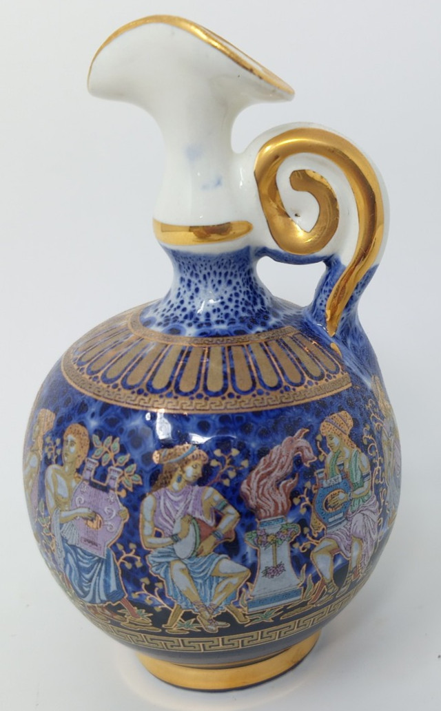 A. Roussi White and Blue Ceramic Vase Urn w/ 24k Gold Leaf Hand-Made In Greece