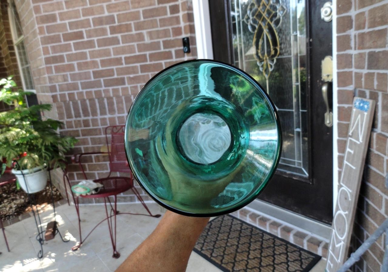 tall BLENKO TEAL/SEA GREEN 17” VASE MCM Art Glass Ribbed w/Foil Tag