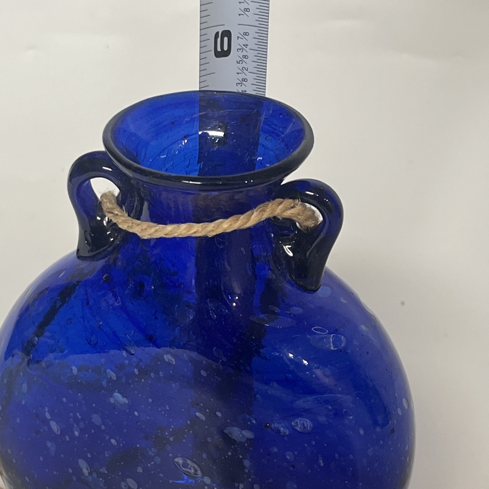 Hand Blown Blue Glass Hanging Vase Suspendable Art Made In Egypt Vintage 5 1/2″T