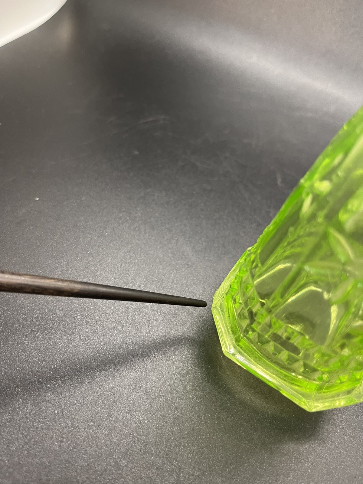 Vintage Green Uranium Glass Car Vase 6.5” Tall