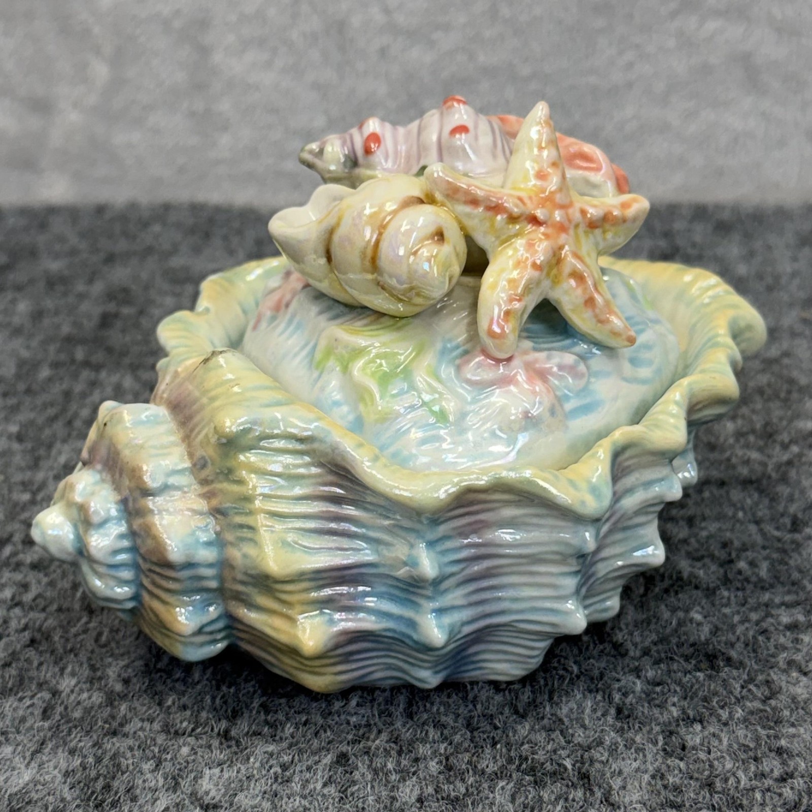 Porcelain Shell Trinket Box Lidded 5.5 In Pastel Colors Starfish Beach Coastal