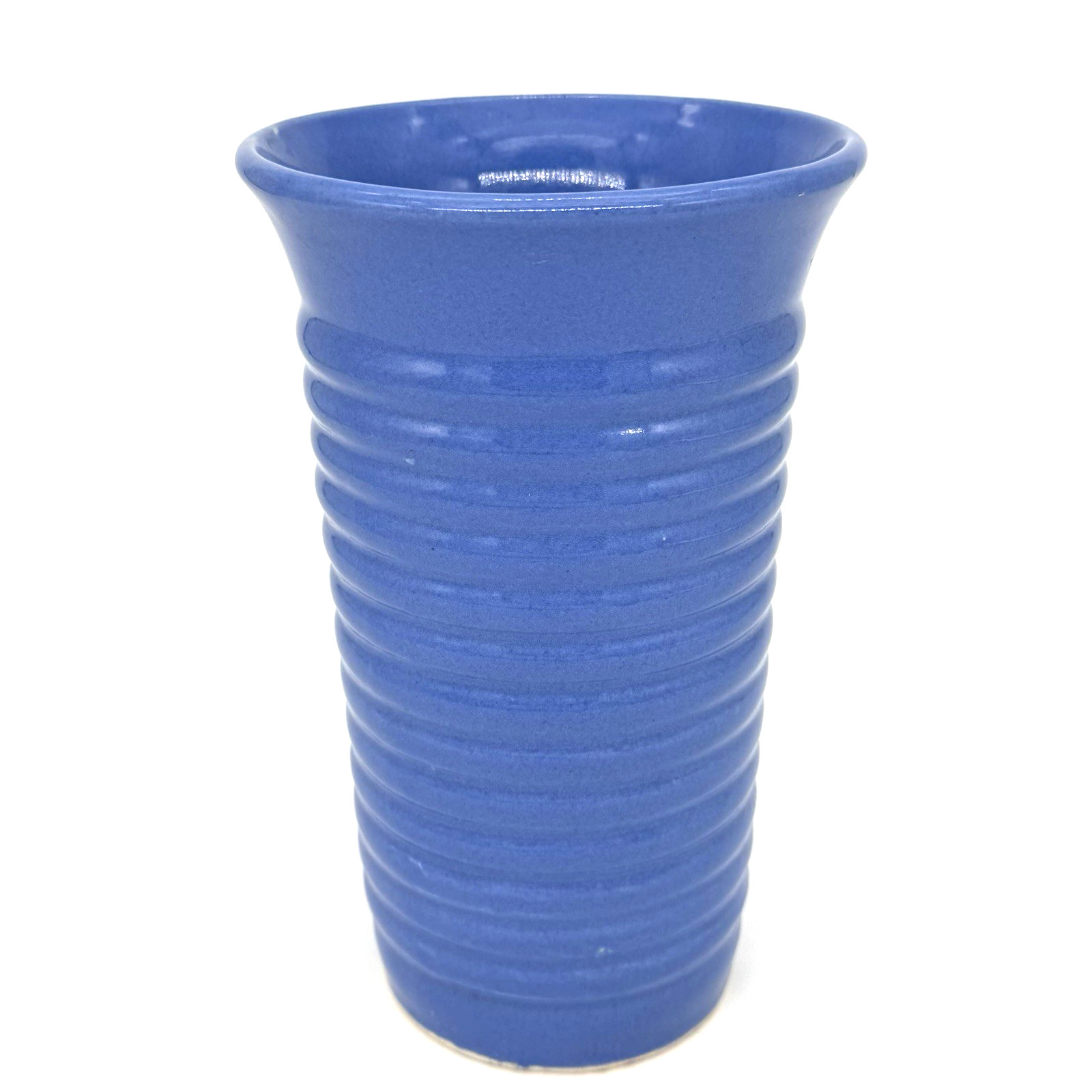 Vintage Bauer Pottery Hi Fire Blue Ringware Cylinder Vase 8 1/4″ Tall