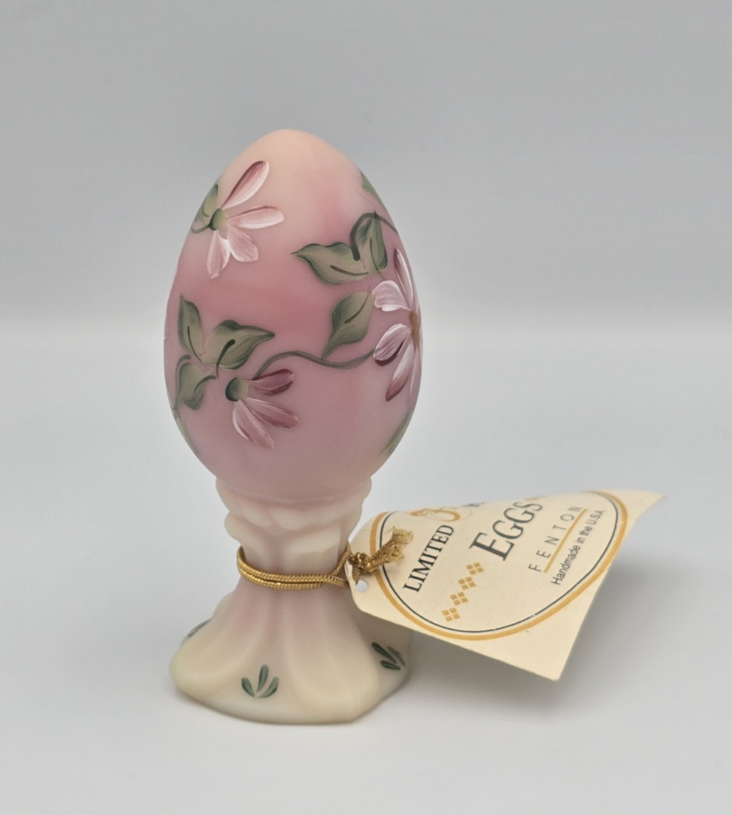 Vintage Fenton Egg Pink Uranium Burmese Flowers Hand Painted Signed 2700/3000