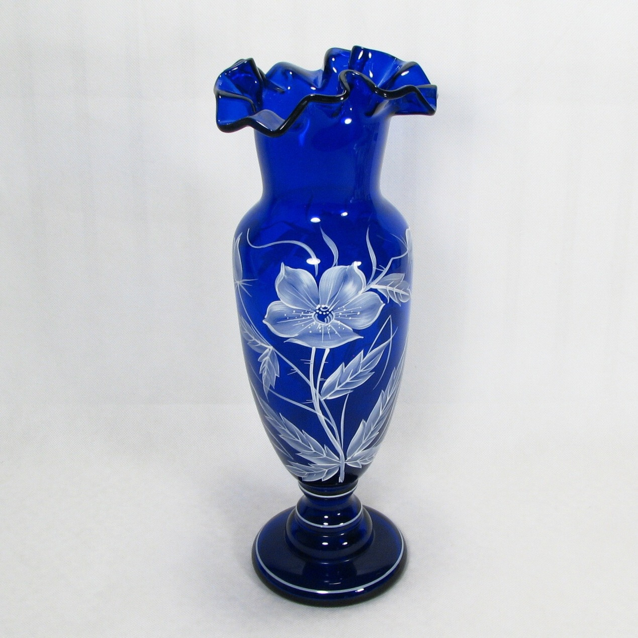 French Bohemian Cobalt Blue Glass Vase Hand Painted Floral Ruffle Rim 14 Inch